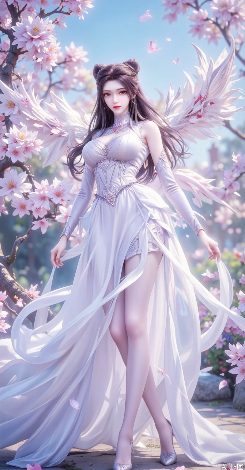 The best quality, ultra-high resolution, masterpiece, original, extremely fine wallpaper, perfect light effect, this is a digital illustration, vertical full-body portrait, densely packed with white flowers, creating a rich and textured background. In the center of the picture, a beautiful Chinese woman is in the white flowers, making her look like she is part of a garden full of flowers. The flowers around her add depth and sense of encirclement to the picture and enhance the layering of the composition. Her stunning white evening gown echoes the purity and elegance of the surrounding flowers. The woman was facing the camera, among the lush flowers, her eyes were charming and quiet. The dense floral background and capture of the woman's whole body highlight the exquisite fusion of human elegance and nature. The long black hair is straight, the picture has blur and halo effects, and butterflies embellish it. She has an angel's beautiful face and a perfect female figure (a skirt composed of flowers, intensity coefficient, translucent body, transparent petals, glowing petals, gradient effect, contour light, particles, award-winning artwork. She has fair skin tone, fine black details and soft and flowing hair carefully combed to complex hair accessories, with gorgeous details. She is in a bright garden with gorgeous flowers, a blue sky, and deep and rich tones.), her head is decorated with exquisite and complex hair accessories, and some tulle fabrics naturally hang down, creating a dreamy feeling, exquisite and unique. The overall look shows the beauty and tenderness of a girl, just like a fairy in a fairy tale, exuding charm. This charming character is portrayed in a surreal style. She has elegant movements, and the overall style of this illustration is extremely delicate, focusing on the combination of realistic and fantasy elements.