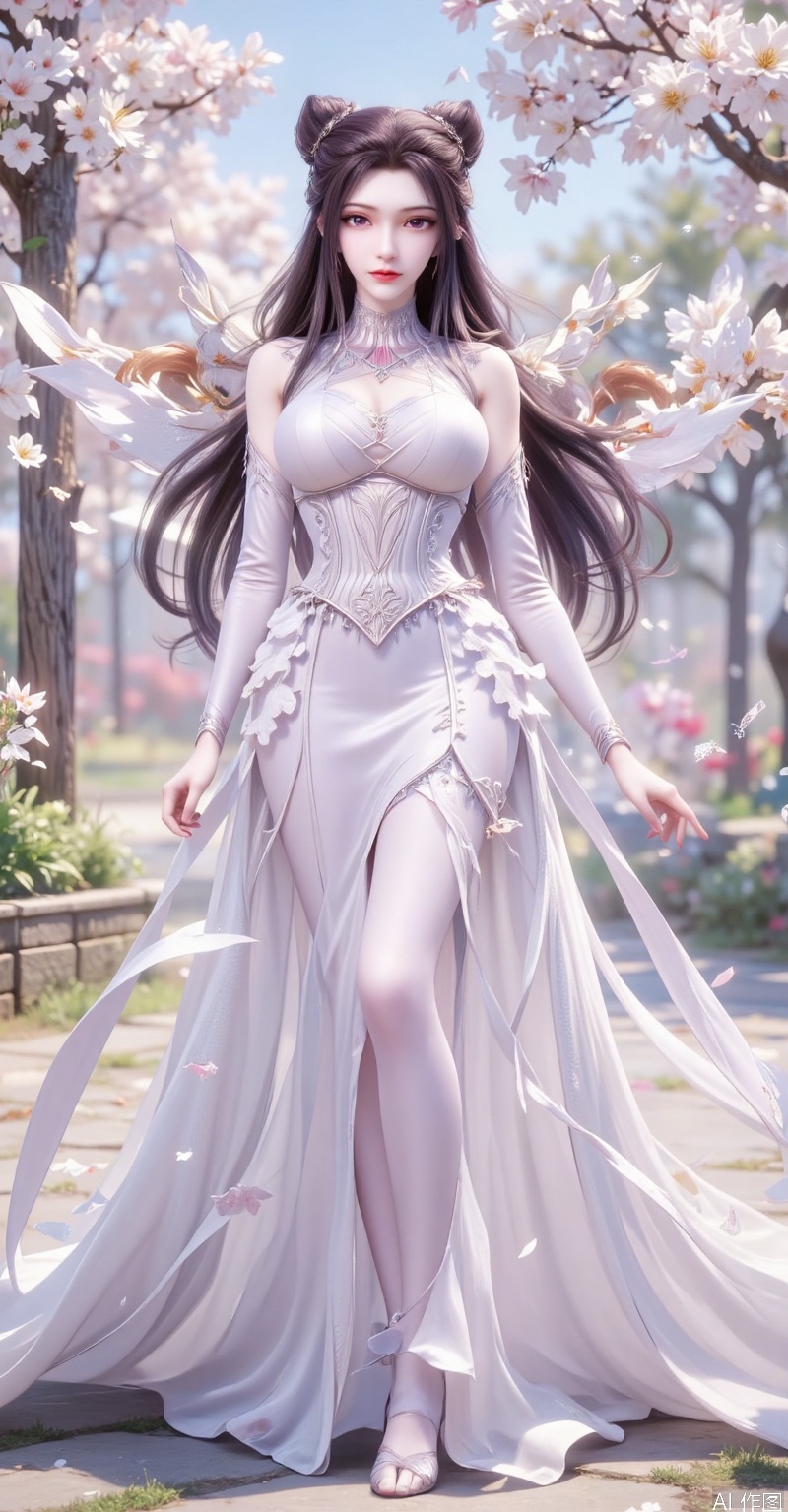 The best quality, ultra-high resolution, masterpiece, original, extremely fine wallpaper, perfect light effect, this is a digital illustration, vertical full-body portrait, densely packed with white flowers, creating a rich and textured background. In the center of the picture, a beautiful Chinese woman is in the white flowers, making her look like she is part of a garden full of flowers. The flowers around her add depth and sense of encirclement to the picture and enhance the layering of the composition. Her stunning white evening gown echoes the purity and elegance of the surrounding flowers. The woman was facing the camera, among the lush flowers, her eyes were charming and quiet. The dense floral background and capture of the woman's whole body highlight the exquisite fusion of human elegance and nature. The long black hair is straight, the picture has blur and halo effects, and butterflies embellish it. She has an angel's beautiful face and a perfect female figure (a skirt composed of flowers, intensity coefficient, translucent body, transparent petals, glowing petals, gradient effect, contour light, particles, award-winning artwork. She has fair skin tone, fine black details and soft and flowing hair carefully combed to complex hair accessories, with gorgeous details. She is in a bright garden with gorgeous flowers, a blue sky, and deep and rich tones.), her head is decorated with exquisite and complex hair accessories, and some tulle fabrics naturally hang down, creating a dreamy feeling, exquisite and unique. The overall look shows the beauty and tenderness of a girl, just like a fairy in a fairy tale, exuding charm. This charming character is portrayed in a surreal style. She has elegant movements, and the overall style of this illustration is extremely delicate, focusing on the combination of realistic and fantasy elements.