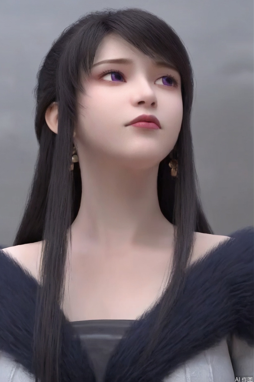 score_9,score_8_up,1girl, solo, long hair, black hair, jewelry, closed mouth, purple eyes, upper body, grey hair, earrings, lips, looking to the side, fur trim, looking away, realistic,MoShiYu