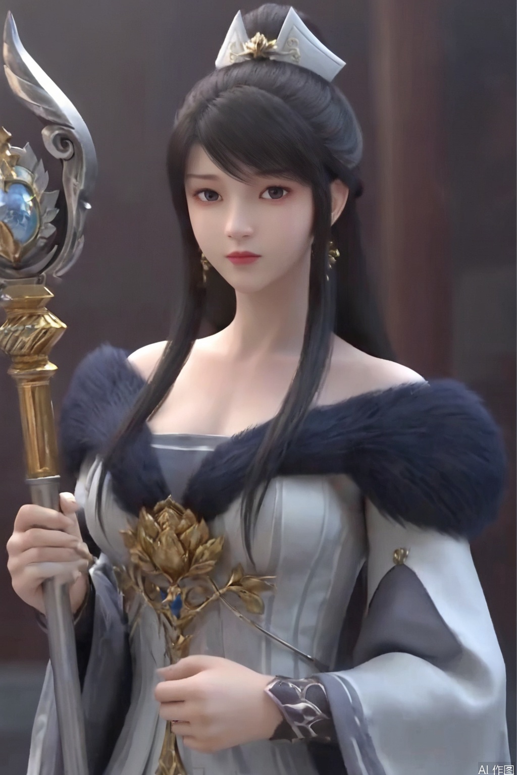 score_9,score_8_up,MoShiYu,1girl, solo, long hair, looking at viewer, black hair, hair ornament, dress, holding, jewelry, closed mouth, upper body, weapon, earrings, white dress, fur trim, staff,