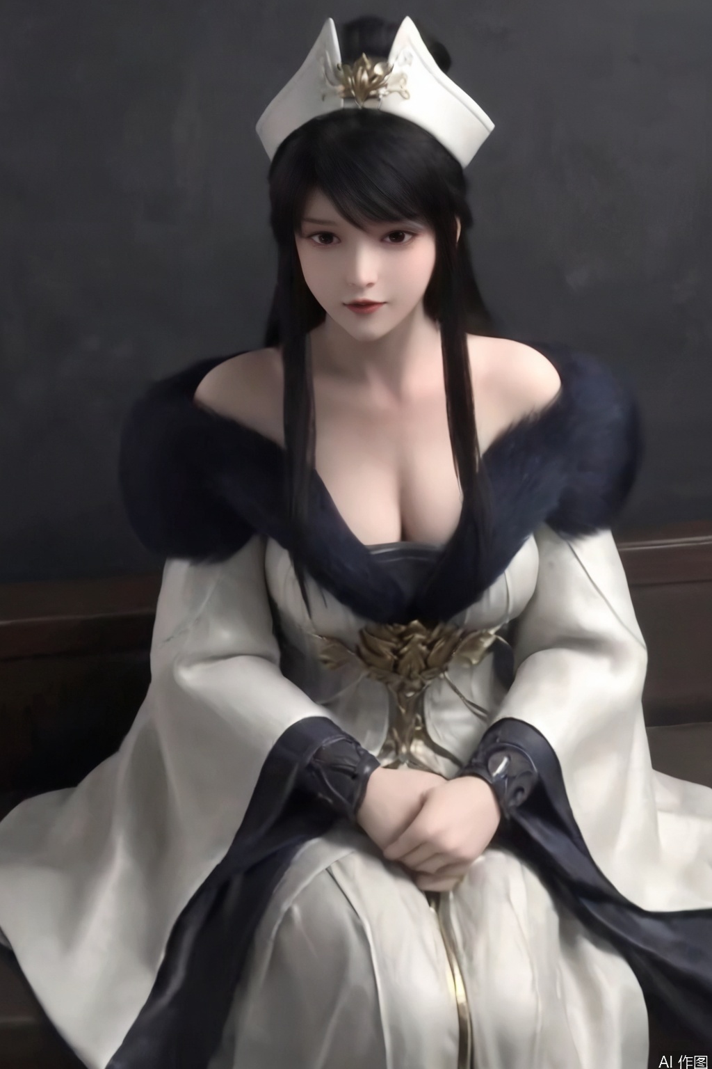 score_9,score_8_up,MoShiYu,1girl, solo, long hair, breasts, black hair, long sleeves, hat, dress, cleavage, sitting, wide sleeves, white dress,fur trim