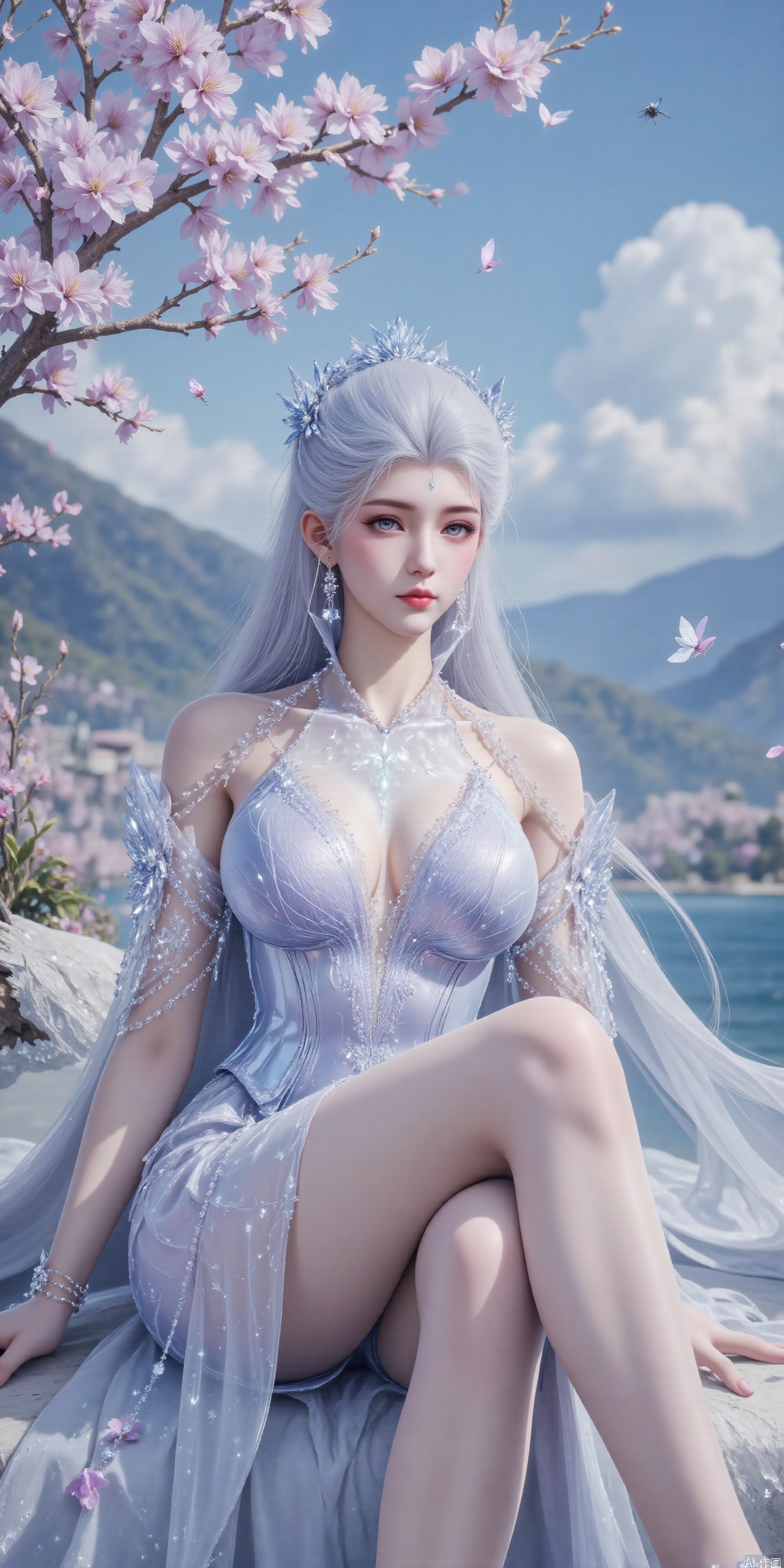 (Best quality, realistic style, 8K resolution, masterpiece, - hair,top quality, Indol,anon,BaROQUE,lengyu,sheya ,Ultra clear, wallpaper, 8k, Masterpiece, the best quality, high quality, (colorful) , Ultra clear, wallpaper, 8k, masterpiece, 1girl, solo, long hair, hair ornament, white dress, jewelry, sitting, full body, flower, earrings, sky, cloud, white dress, high heels, tree, blue sky, bare legs, bug, cherry blossoms, butterfly, mountain, branch, falling petalsplns_high heels,huaxiangr,silk,magnificent,embossed high heels,cleavage,huge Breasts