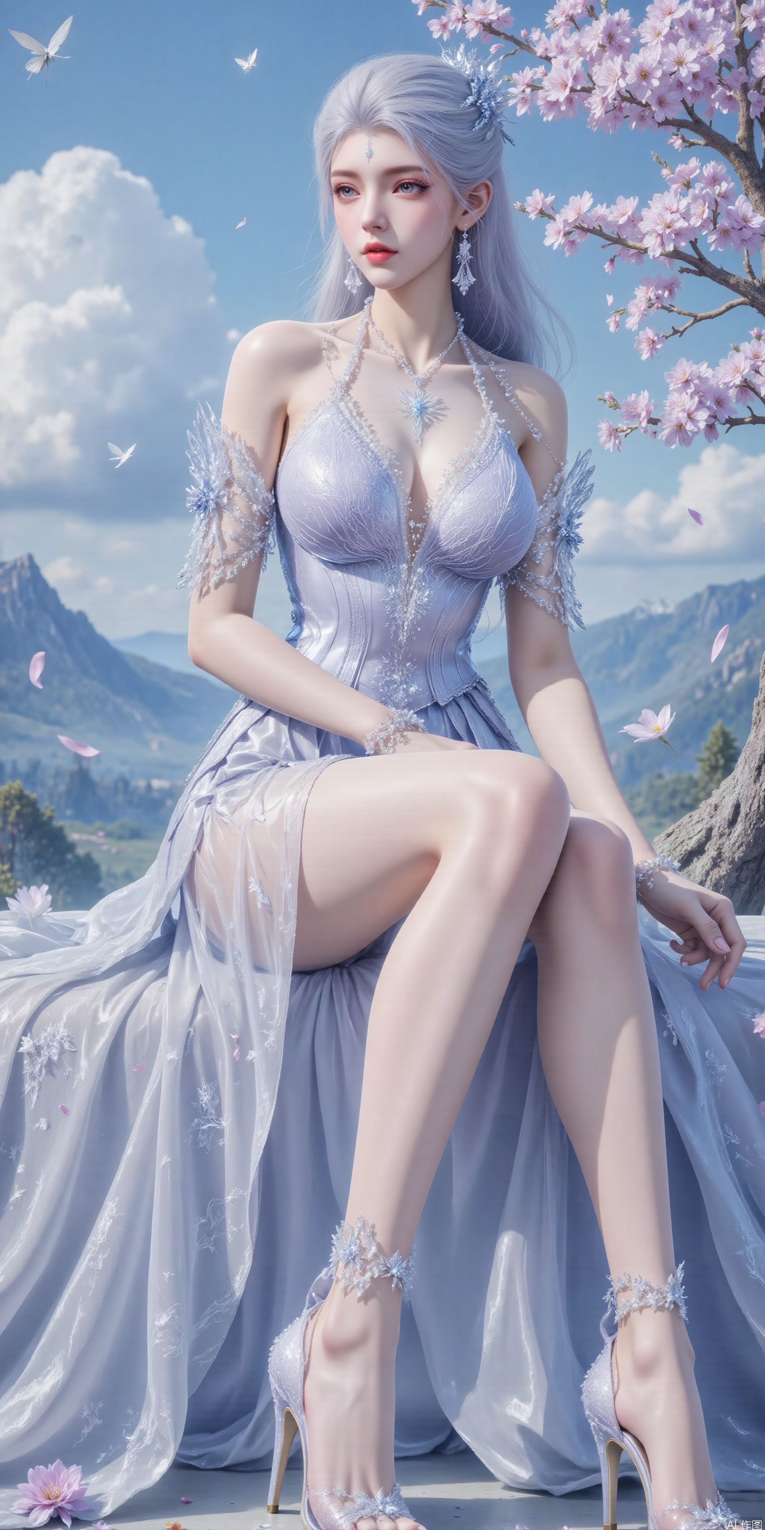 (Best quality, realistic style, 8K resolution, masterpiece, - hair,top quality, Indol,anon,BaROQUE,lengyu,sheya ,Ultra clear, wallpaper, 8k, Masterpiece, the best quality, high quality, (colorful) , Ultra clear, wallpaper, 8k, masterpiece, 1girl, solo, long hair, hair ornament, white dress, jewelry, sitting, full body, flower, earrings, sky, cloud, white dress, high heels, tree, blue sky, bare legs, bug, cherry blossoms, butterfly, mountain, branch, falling petalsplns_high heels,huaxiangr,silk,magnificent,embossed high heels,cleavage,huge Breasts