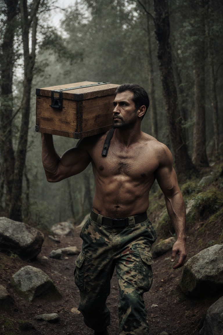 Create a scene where a man,  shirtless wearing just a gargo pant of a commando force,  is carrying a wooden box on his sho...