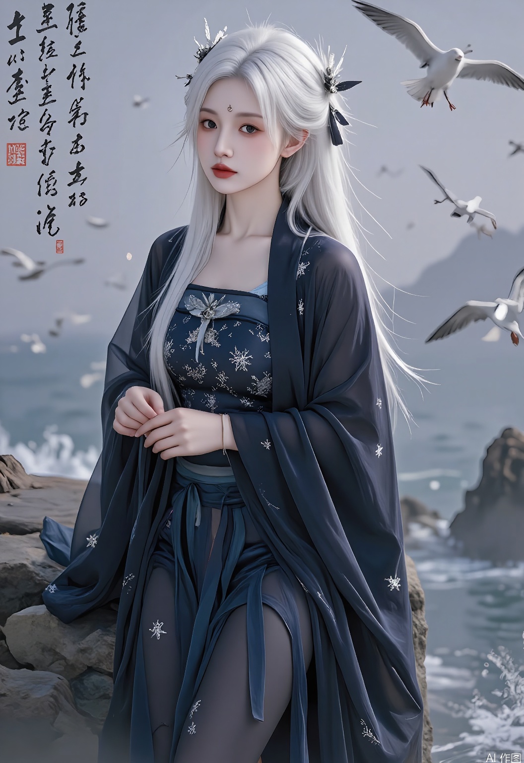 GFHF, Digital artwork of a mysterious woman with long, straight silver hair decorated with a moon hairpin, clad in a dark blue hanfu with star patterns over a velvet cloak, standing on a cliff overlooking the sea. The background features a haunting Chinese ink wash painting with a seagull motif. Cool, muted tones, enigmatic and ethereal mood. The woman has a pensive expression, with one hand clutching a pendant.
