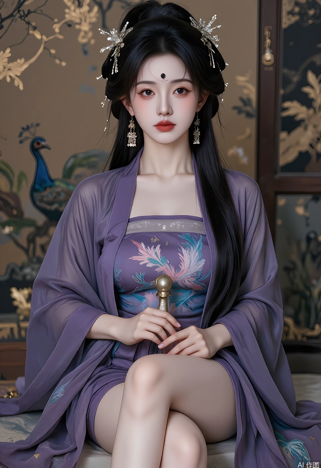 GFHF, Digital art of a noble lady with upswept black hair accented with a jade comb, dressed in a regal purple hanfu with phoenix embroidery over a silk robe, sitting on a throne-like chair. The background features opulent Chinese gold leaf patterns and a peacock motif. Rich, jewel tones, majestic and luxurious aura. The lady has a dignified posture, with one hand holding a scepter.
