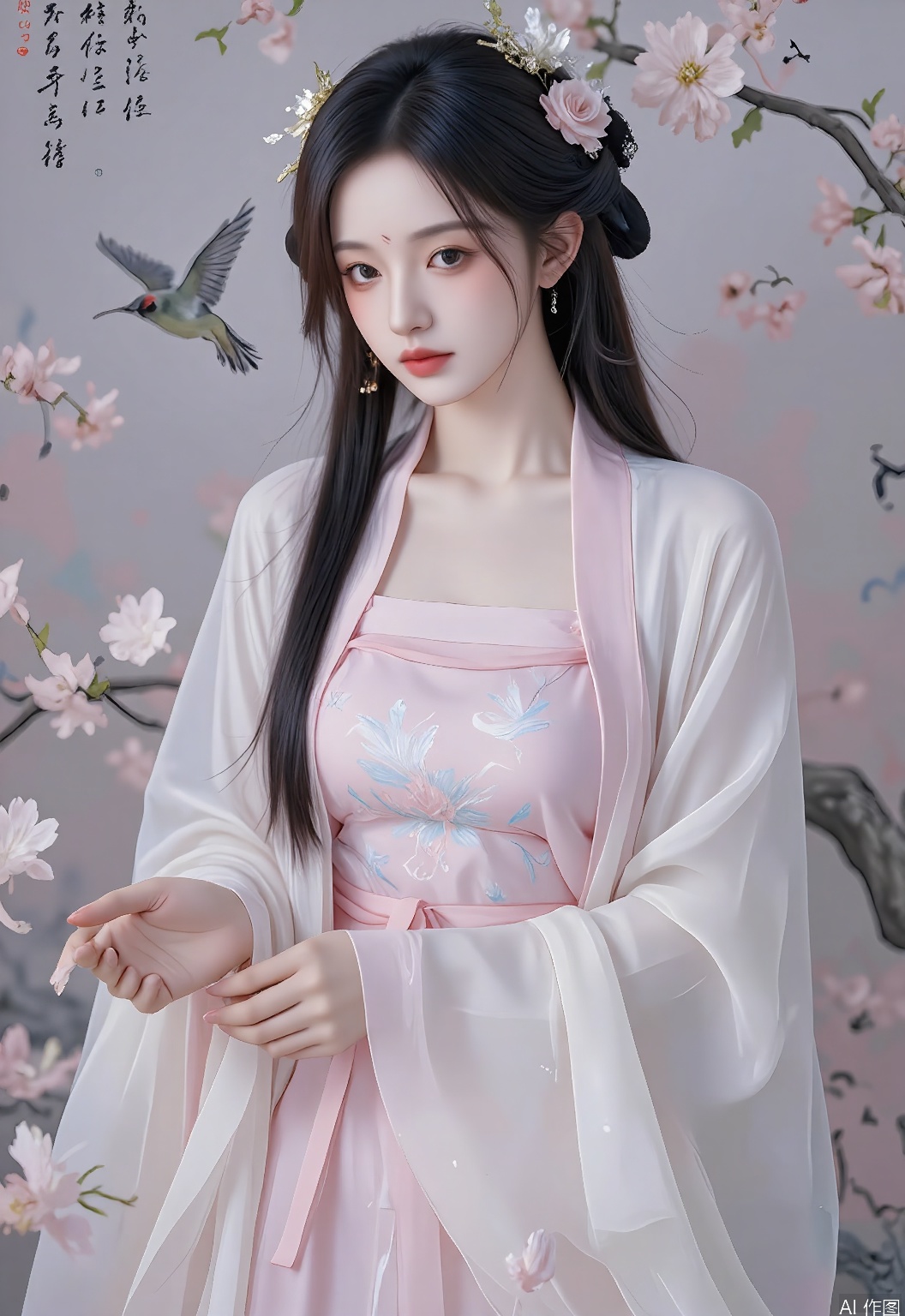 GFHF, Digital art of a romantic maiden with long, wavy blue hair decorated with a rose hairpin, donning a soft pink hanfu with cherry blossom patterns over a silk dress, standing in a cherry blossom garden. The background features a delicate Chinese flower painting with a hummingbird motif. Pastel, romantic tones, tender and poetic atmosphere. The maiden has a dreamy expression, with one hand catching falling petals.
