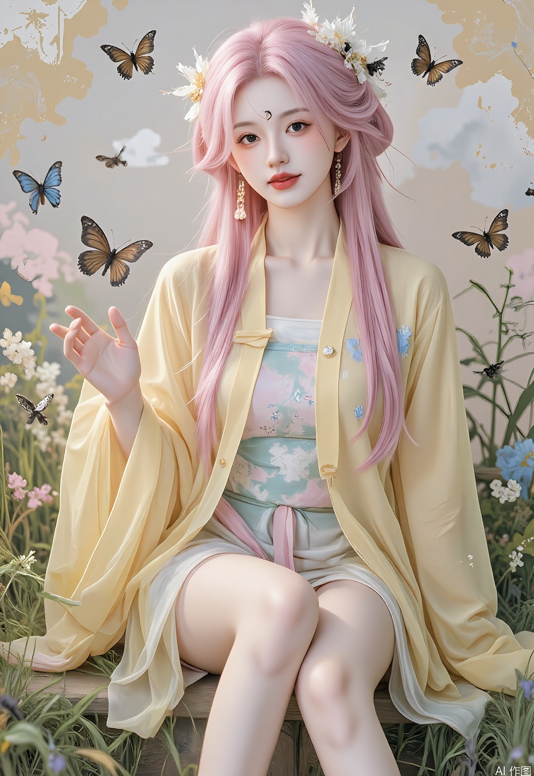 GFHF, Digital illustration of a whimsical girl with curly pink hair adorned with a cherry blossom hairpin, wearing a playful yellow hanfu with rabbit motifs over a flannel shirt, chasing butterflies in a meadow. The background depicts a cheerful Chinese paper-cutting art with clouds and a butterfly motif. Bright, cheerful colors, joyful and carefree vibe. The girl has a delighted laugh, with one hand reaching out to a butterfly.

