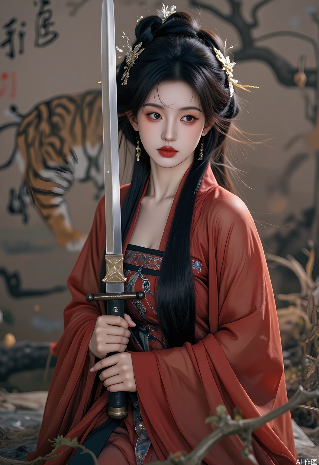 GFHF, Digital art of a fierce warrior woman with short, cropped black hair adorned with a tiger hairpin, dressed in a bold red and black hanfu with armor over a leather undershirt, wielding a sword in a battlefield. The background features a dynamic Chinese martial arts scroll with a tiger motif. Intense, fiery colors, powerful and valiant aura. The warrior has a determined expression, with one hand gripping the sword hilt.
