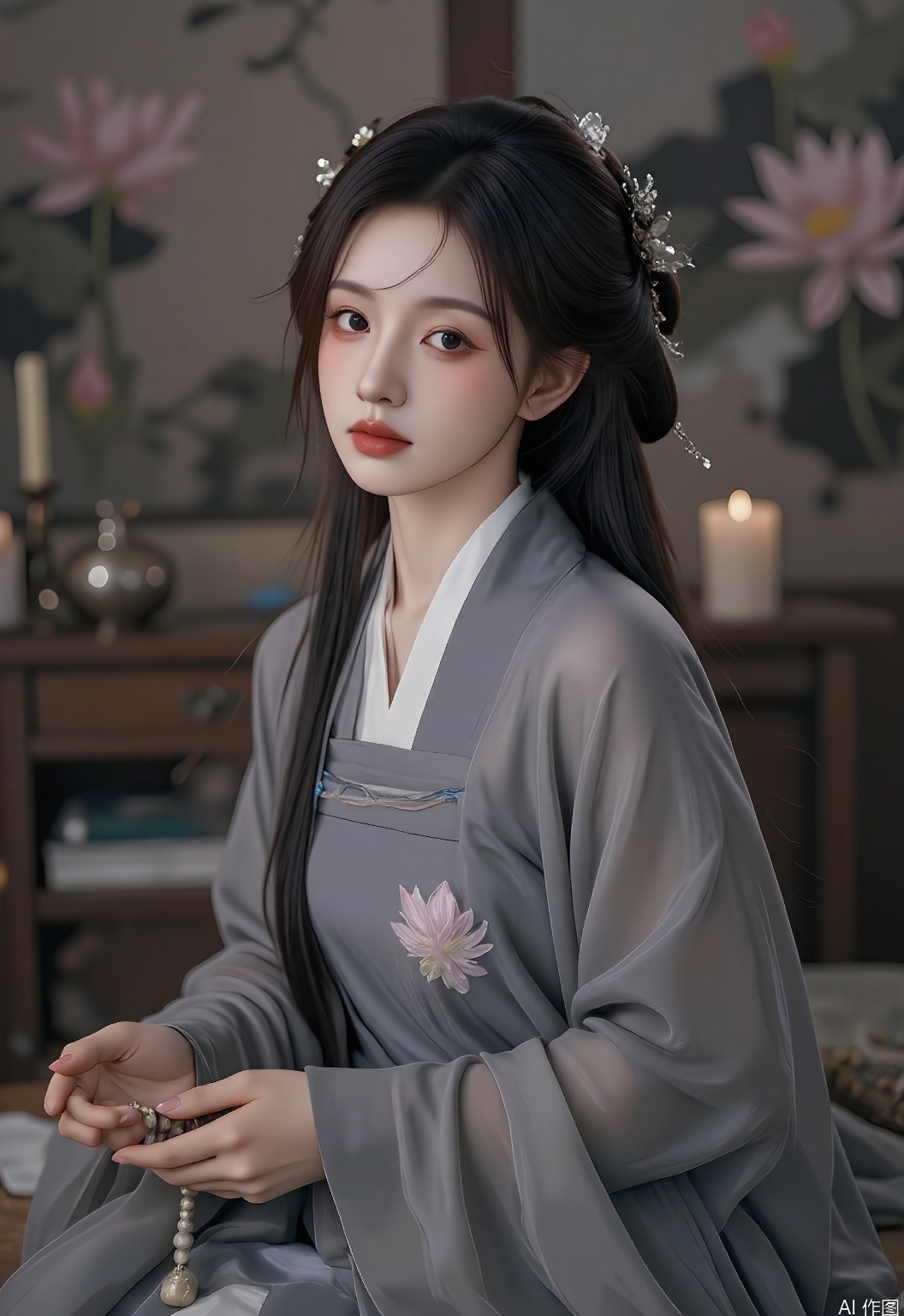 GFHF, Digital painting of a compassionate nun with a shaved head and a serene expression, adorned with a prayer bead hairpin, wearing a simple gray hanfu with lotus patterns over a robe, meditating in a temple. The background showcases a peaceful Chinese Buddhist painting with a lotus and a candle motif. Subdued, spiritual tones, tranquil and devout atmosphere. The nun has a peaceful posture, with one hand holding prayer beads.
