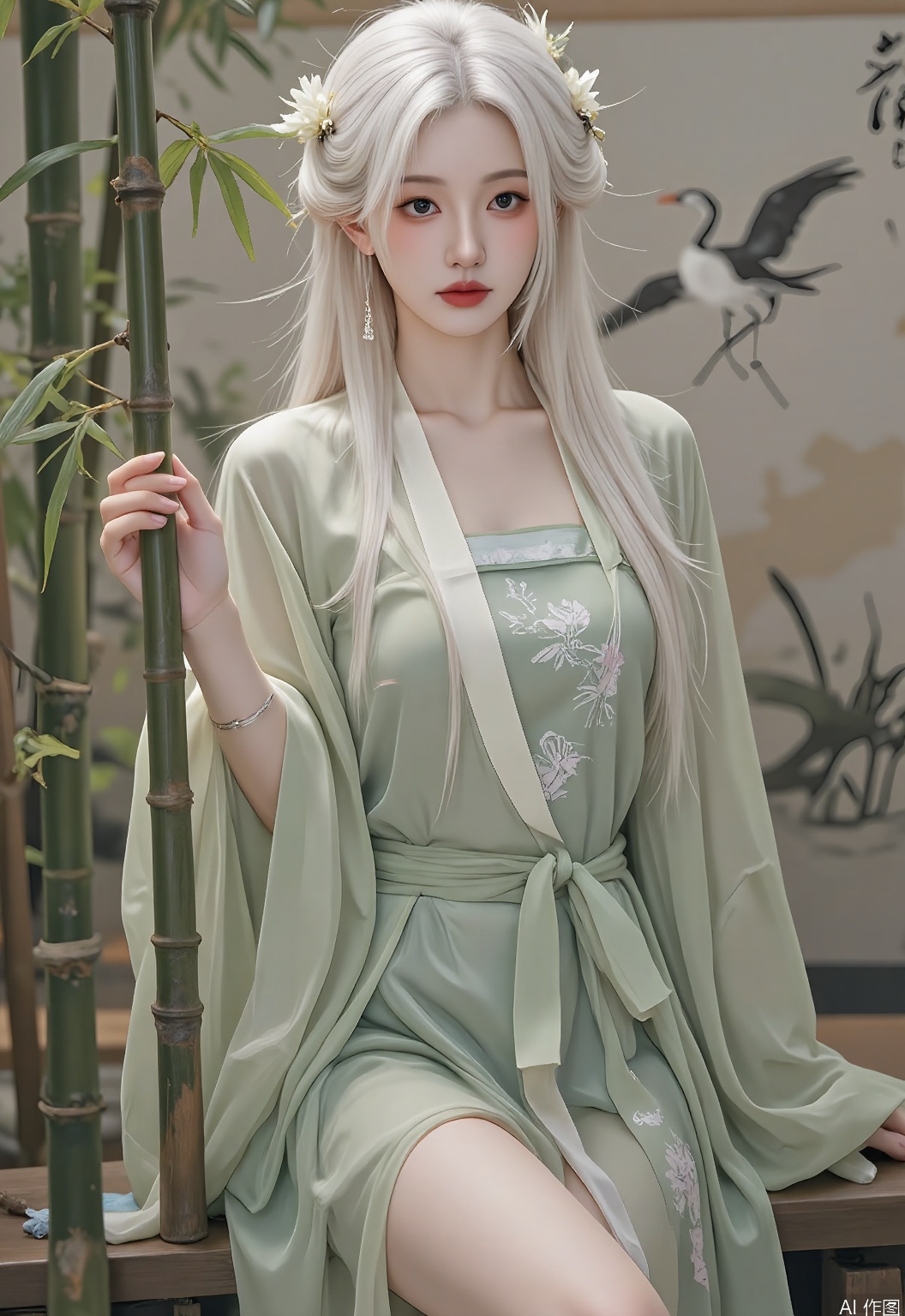 GFHF, Digital painting of a serene woman with long, wavy blonde hair decorated with a plum blossom hairpin, wearing a soft green hanfu with bamboo patterns over a linen dress, standing in a bamboo grove. The background showcases a minimalist Chinese ink painting with a crane motif. Subtle, earthy tones, peaceful and harmonious atmosphere. The woman has a calm expression, with one hand resting on a bamboo stalk.
