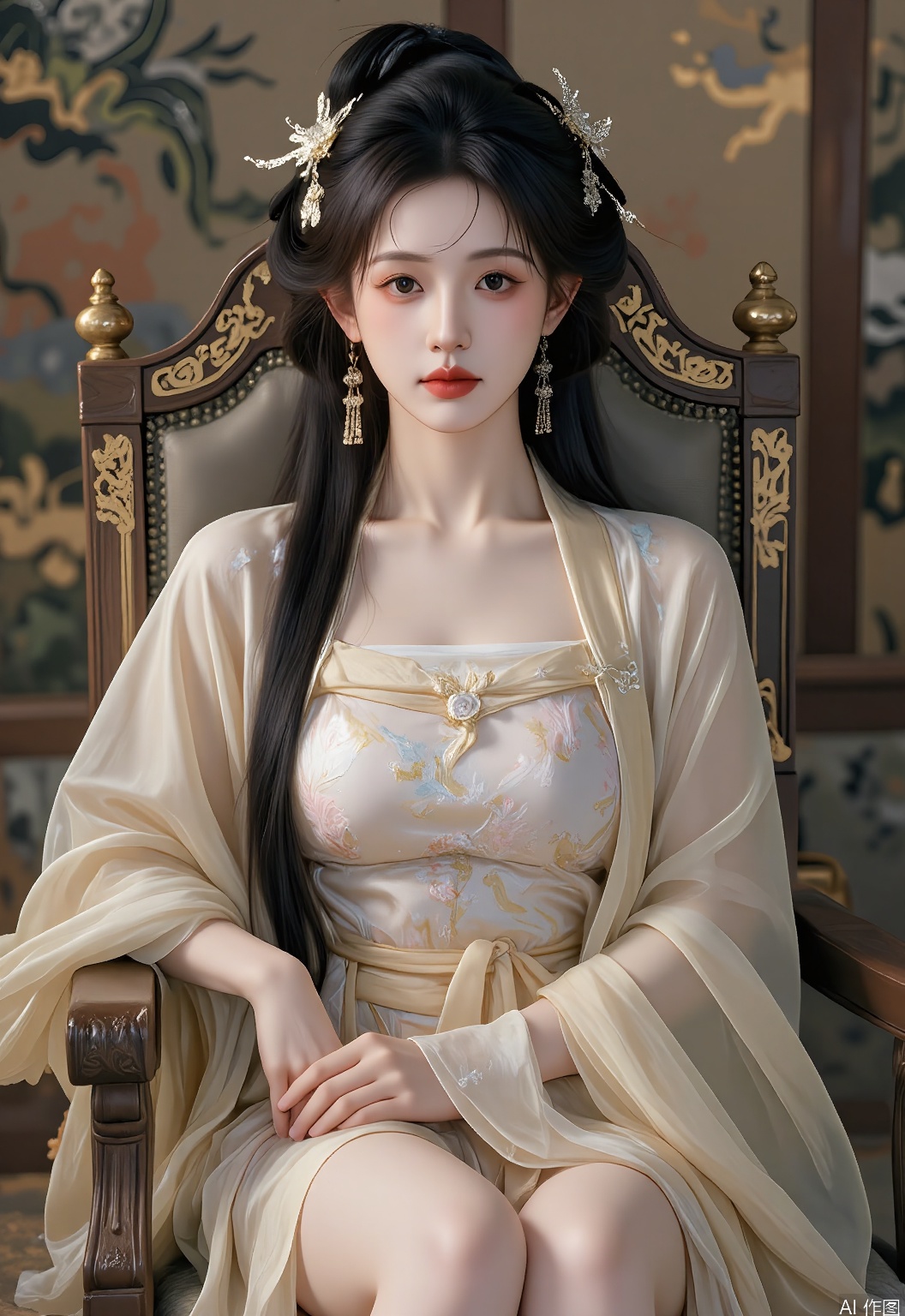 GFHF, Digital artwork of a regal queen with upswept black hair accented with a phoenix hairpin, dressed in a majestic gold hanfu with dragon embroidery over a velvet gown, sitting on a golden throne. The background features opulent Chinese imperial patterns and a phoenix motif. Rich, royal tones, authoritative and noble aura. The queen has a commanding presence, with one hand resting on the throne arm.

