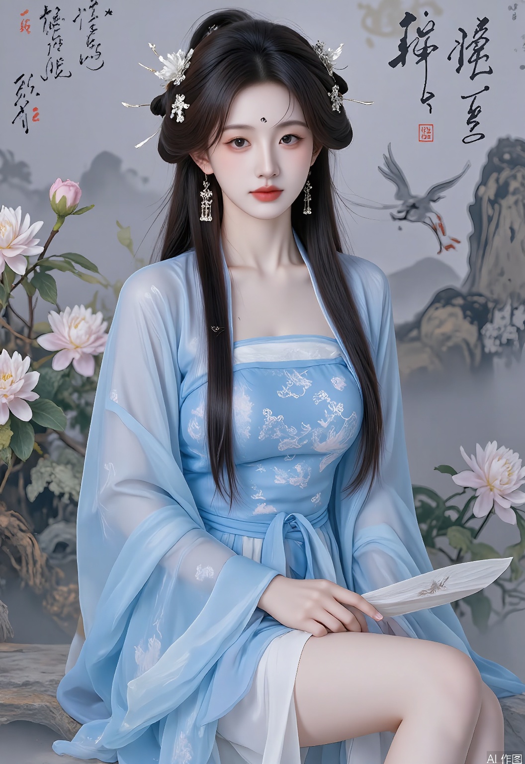 GFHF, Digital art of a young maiden with cascading curly brown hair decorated with a jade hairpin, donning a flowing blue hanfu with cloud patterns over a silk undershirt, standing beside a blooming peony bush. The background showcases a traditional Chinese landscape painting with misty mountains and a phoenix motif. Soft, watercolor color palette, tranquil and poetic atmosphere. The maiden has a contemplative expression, with one hand lightly holding a fan.
