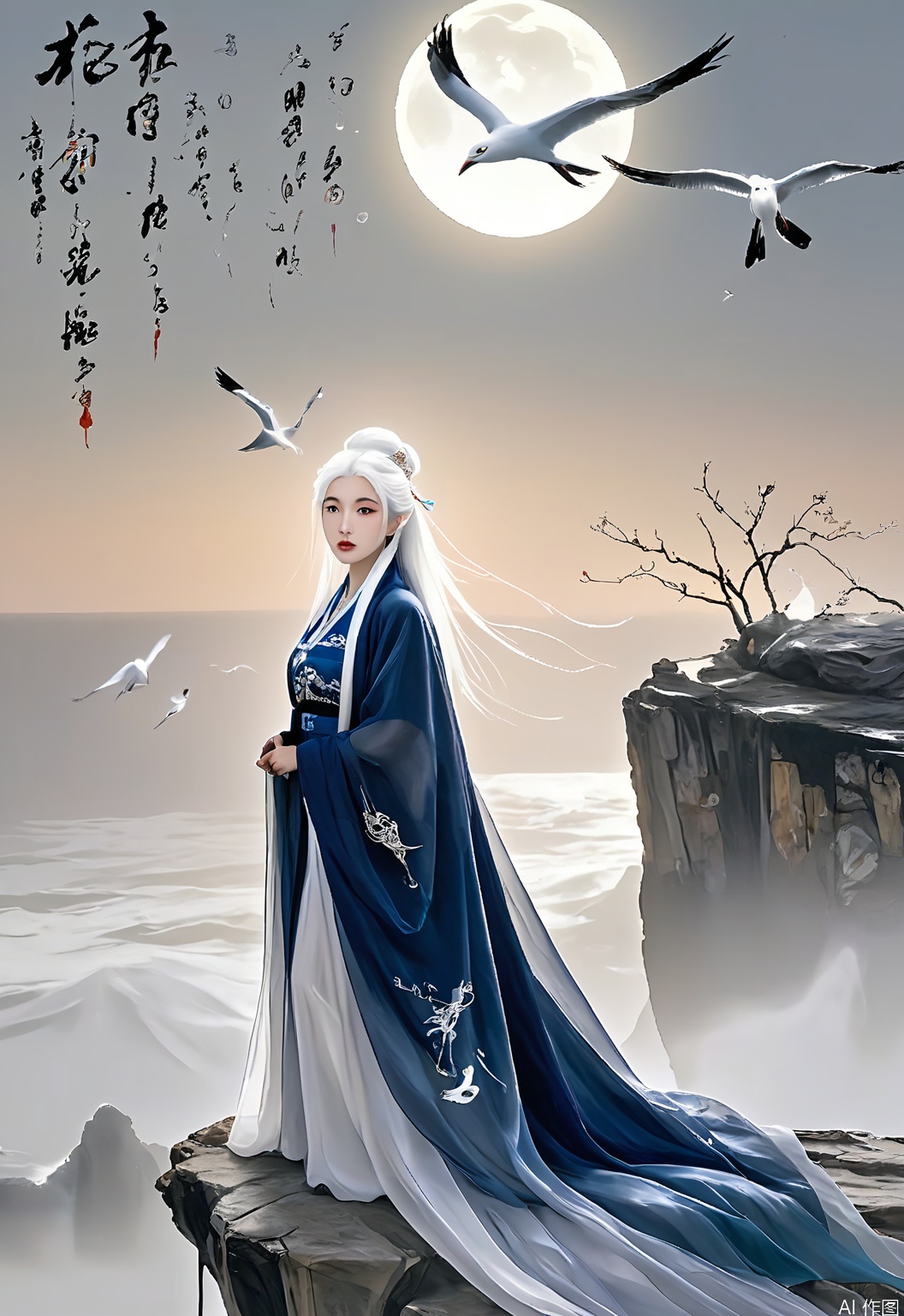 GFHF, Digital artwork of a mysterious woman with long, straight silver hair decorated with a moon hairpin, clad in a dark blue hanfu with star patterns over a velvet cloak, standing on a cliff overlooking the sea. The background features a haunting Chinese ink wash painting with a seagull motif. Cool, muted tones, enigmatic and ethereal mood. The woman has a pensive expression, with one hand clutching a pendant.
