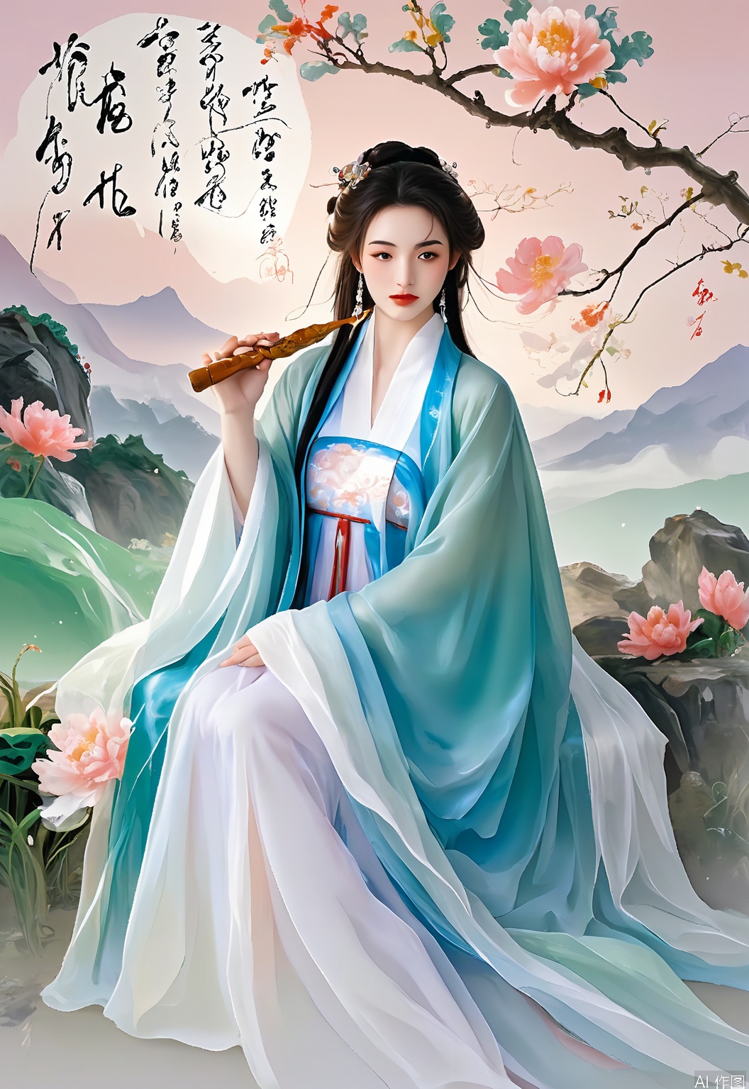 GFHF, Digital art of a young maiden with cascading curly brown hair decorated with a jade hairpin, donning a flowing blue hanfu with cloud patterns over a silk undershirt, standing beside a blooming peony bush. The background showcases a traditional Chinese landscape painting with misty mountains and a phoenix motif. Soft, watercolor color palette, tranquil and poetic atmosphere. The maiden has a contemplative expression, with one hand lightly holding a fan.
