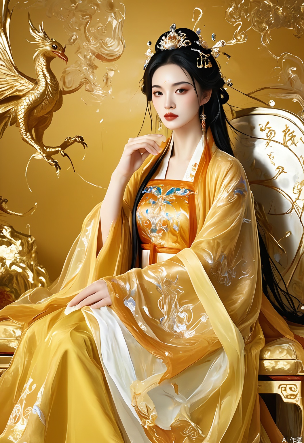 GFHF, Digital artwork of a regal queen with upswept black hair accented with a phoenix hairpin, dressed in a majestic gold hanfu with dragon embroidery over a velvet gown, sitting on a golden throne. The background features opulent Chinese imperial patterns and a phoenix motif. Rich, royal tones, authoritative and noble aura. The queen has a commanding presence, with one hand resting on the throne arm.

