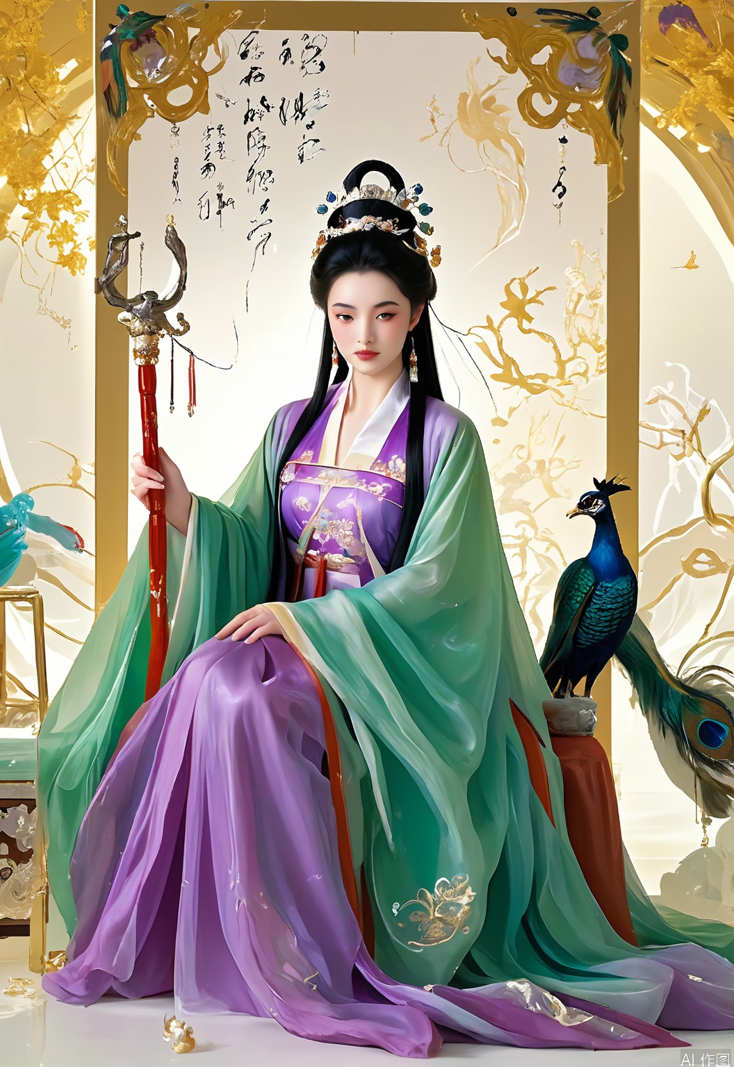 GFHF, Digital art of a noble lady with upswept black hair accented with a jade comb, dressed in a regal purple hanfu with phoenix embroidery over a silk robe, sitting on a throne-like chair. The background features opulent Chinese gold leaf patterns and a peacock motif. Rich, jewel tones, majestic and luxurious aura. The lady has a dignified posture, with one hand holding a scepter.
