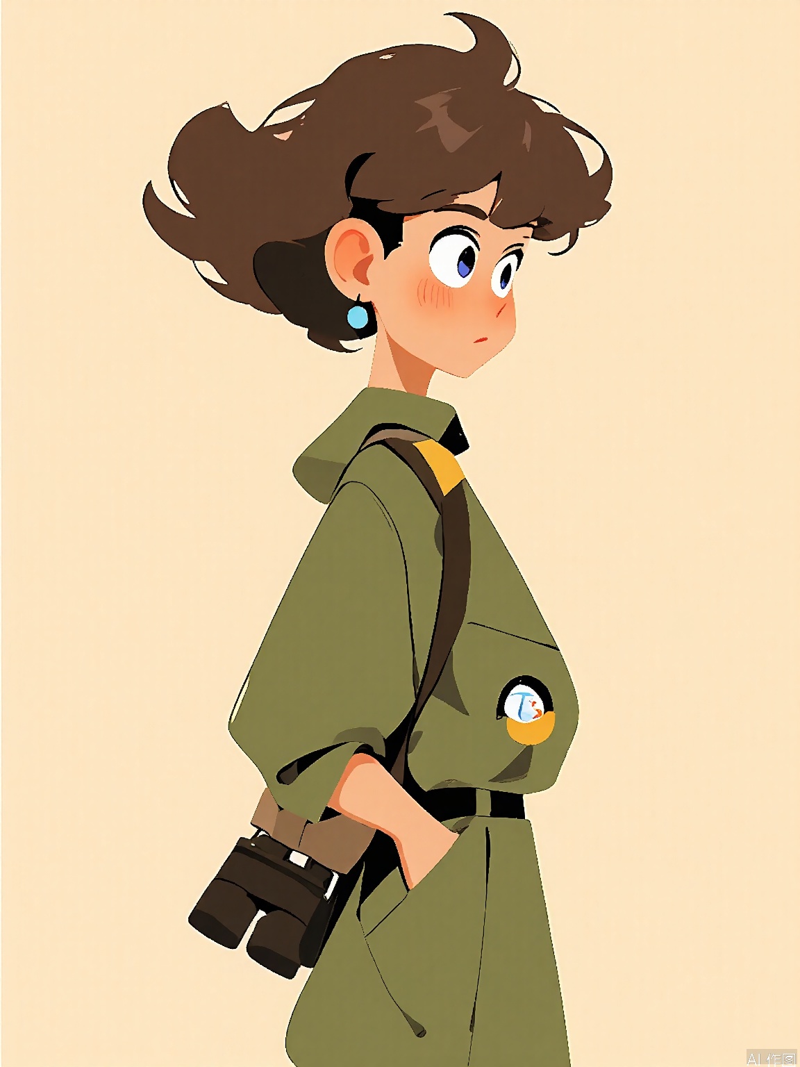 JJMX, Minimalist illustration of a little boy with curly, brown hair and a gold streak, wearing a safari green and khaki outfit with a binocular strap. He has curious, observant eyes and a small compass in his pocket. The background is a sandy beige color. The style is adventurous and exploratory, focusing on the character's inquisitive nature and practical clothing.
