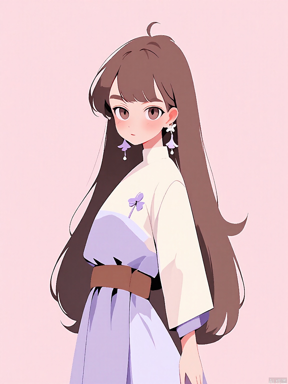 JJMX, Minimalist artwork of a young woman with long, brown hair and a purple streak, donning a cream and lavender dress with a brown belt. She has gentle, dreamy eyes and a tiny lavender flower pinned to her dress. The background is a soft pink hue. The style is delicate and ethereal, highlighting the character's serene expression and elegant outfit.
