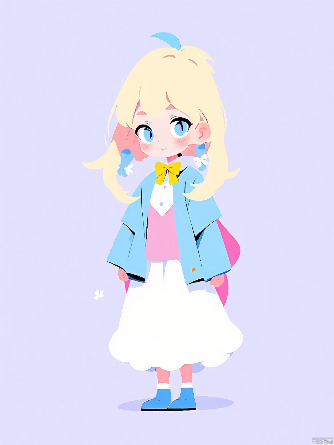 JJMX, Minimalist sketch of a little girl with braided, blonde hair and a pink streak, wearing a pastel blue and white dress with a yellow ribbon. She has innocent, wide-eyed curiosity and a tiny daisy in her hand. The background is a pale lavender color. The style is sweet and whimsical, emphasizing the character's childlike wonder and charming outfit.
