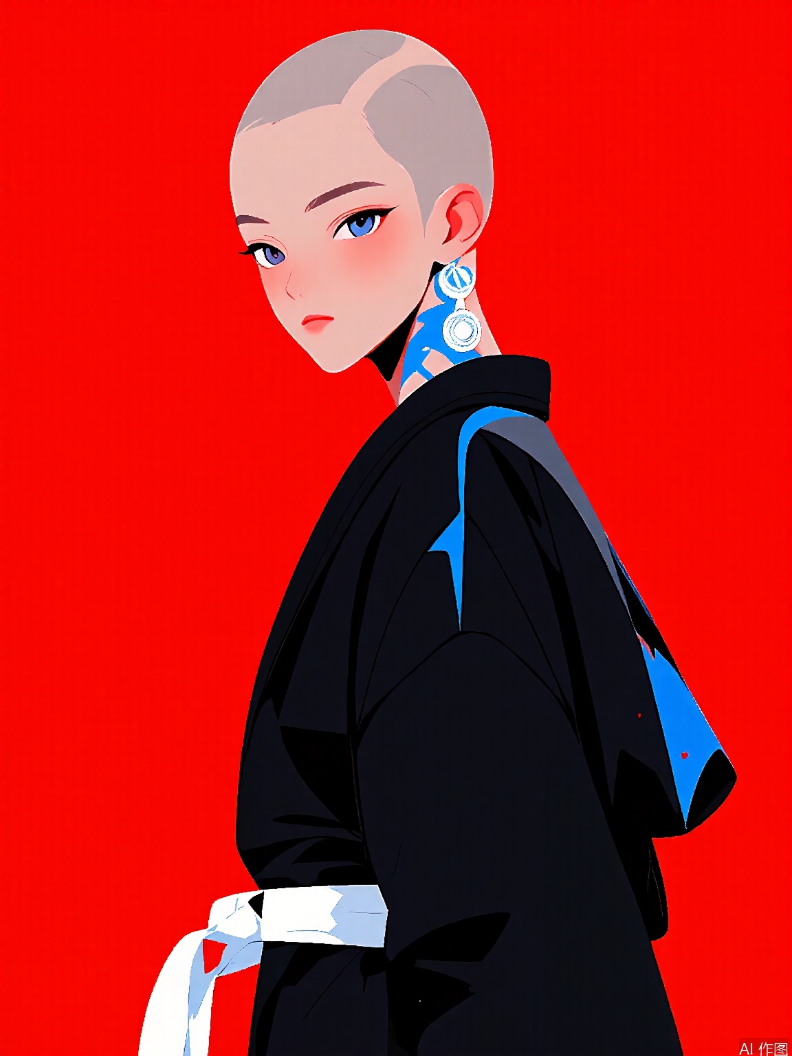 JJMX, Minimalist drawing of a young man with a shaved head and a blue streak tattoo, wearing a black and red martial arts gi with a white belt. He has focused, determined eyes and a small medal around his neck. The background is a deep martial arts red. The style is disciplined and strong, accentuating the character's martial arts prowess and traditional outfit.
