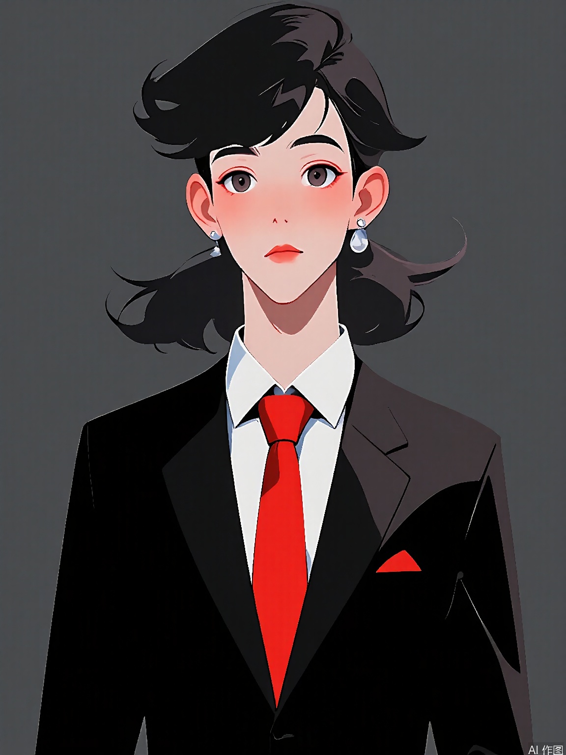 JJMX, Minimalist portrait of a young man with a ponytail and a silver streak, wearing a sleek black and silver suit with a red tie. He has confident, charismatic eyes and a small silver cufflink. The background is a sophisticated charcoal gray. The style is classy and modern, accentuating the character's polished presence and stylish ensemble.
