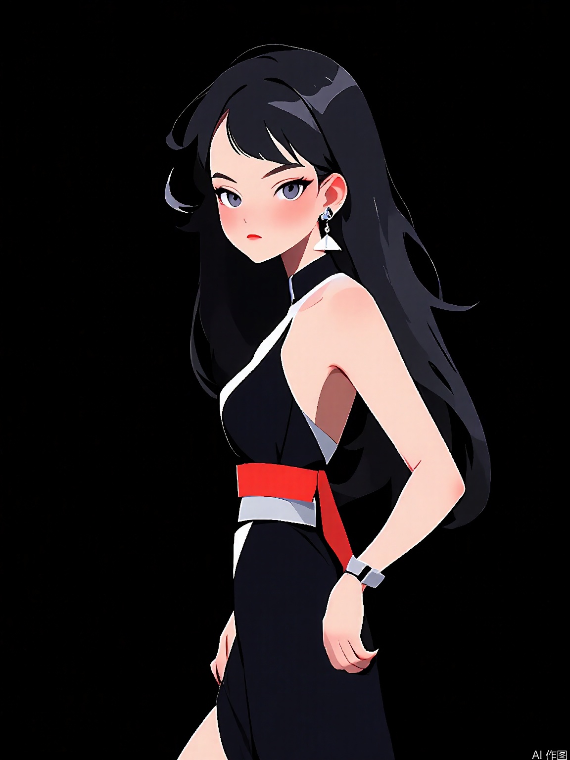 JJMX, Minimalist design of a young woman with straight, black hair and a silver streak, dressed in a sleek black and silver gown with a red sash. She has alluring, smoky eyes and a small silver charm bracelet. The background is a midnight black. The style is glamorous and sophisticated, highlighting the character's elegant posture and stylish ensemble.
