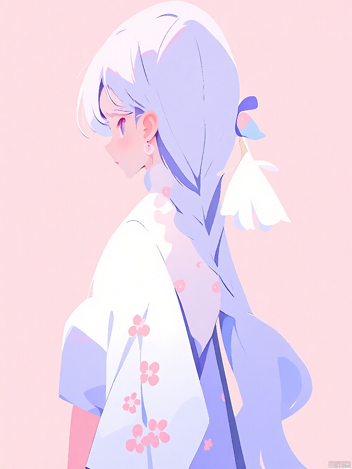 JJMX, Minimalist depiction of a young girl with braided, lavender hair and a white streak, donning a pastel purple and white kimono with cherry blossom patterns. She has gentle, contemplative eyes and a small fan in her hand. The background is a soft blush pink. The style is traditional and elegant, emphasizing the character's serene beauty and cultural attire.
