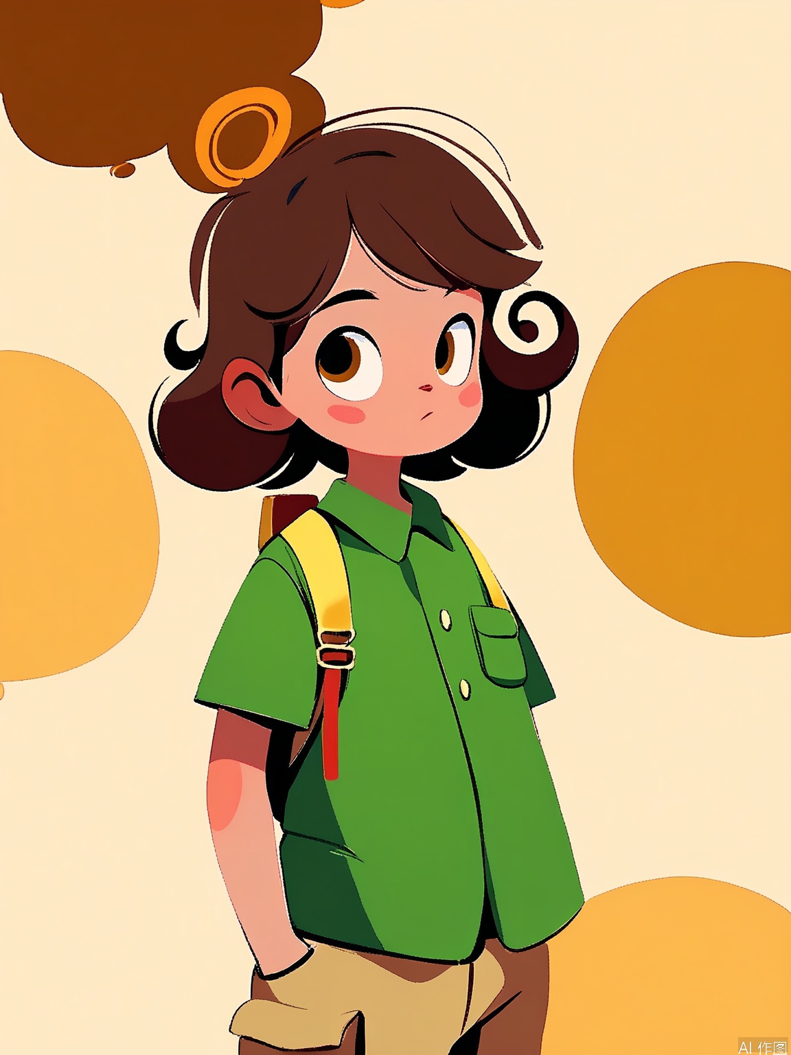 JJMX, Minimalist illustration of a little boy with curly, brown hair and a gold streak, wearing a safari green and khaki outfit with a binocular strap. He has curious, observant eyes and a small compass in his pocket. The background is a sandy beige color. The style is adventurous and exploratory, focusing on the character's inquisitive nature and practical clothing.
