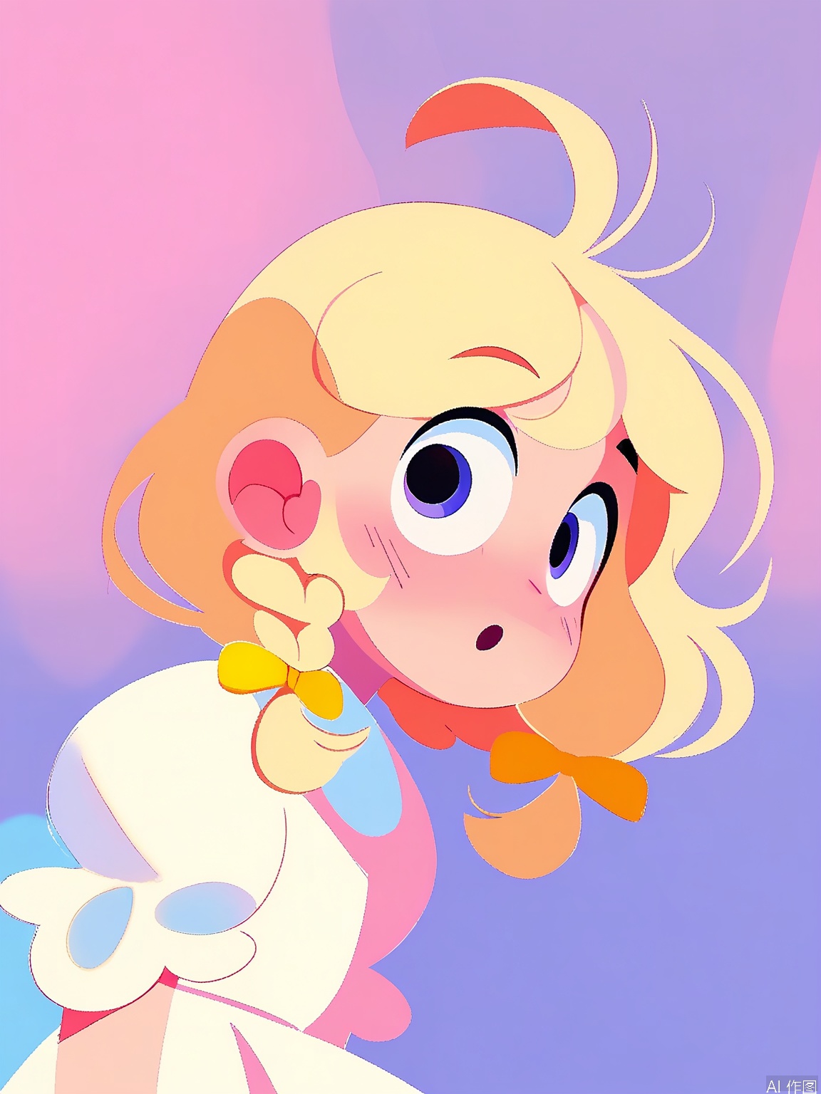 JJMX, Minimalist sketch of a little girl with braided, blonde hair and a pink streak, wearing a pastel blue and white dress with a yellow ribbon. She has innocent, wide-eyed curiosity and a tiny daisy in her hand. The background is a pale lavender color. The style is sweet and whimsical, emphasizing the character's childlike wonder and charming outfit.
