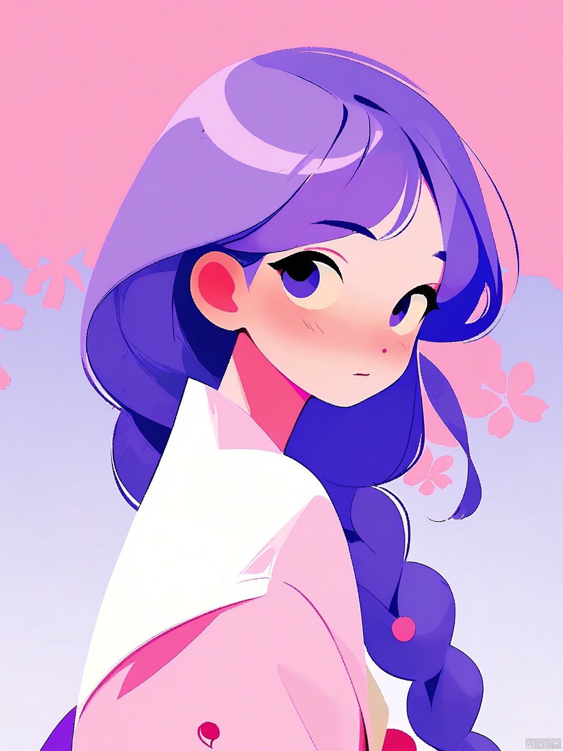 JJMX, Minimalist depiction of a young girl with braided, lavender hair and a white streak, donning a pastel purple and white kimono with cherry blossom patterns. She has gentle, contemplative eyes and a small fan in her hand. The background is a soft blush pink. The style is traditional and elegant, emphasizing the character's serene beauty and cultural attire.
