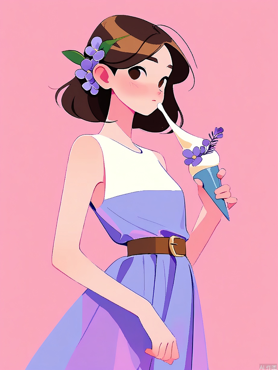 JJMX, Minimalist artwork of a young woman with long, brown hair and a purple streak, donning a cream and lavender dress with a brown belt. She has gentle, dreamy eyes and a tiny lavender flower pinned to her dress. The background is a soft pink hue. The style is delicate and ethereal, highlighting the character's serene expression and elegant outfit.
