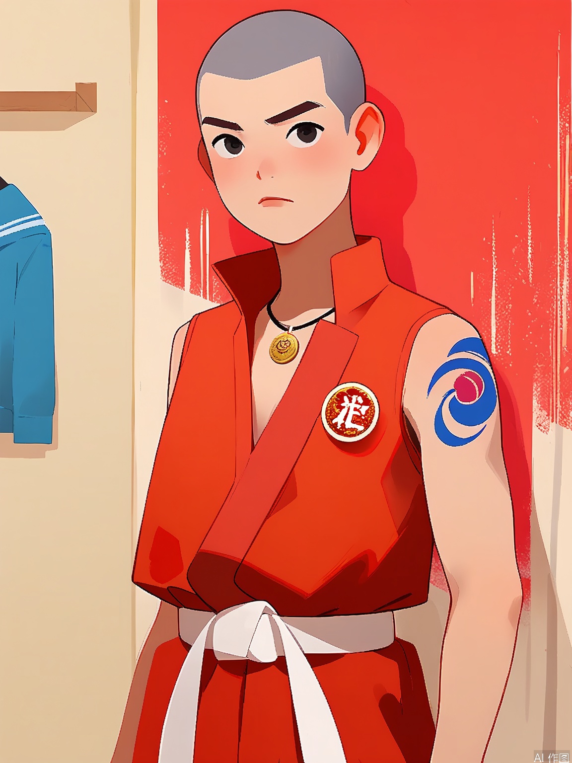 JJMX, Minimalist drawing of a young man with a shaved head and a blue streak tattoo, wearing a black and red martial arts gi with a white belt. He has focused, determined eyes and a small medal around his neck. The background is a deep martial arts red. The style is disciplined and strong, accentuating the character's martial arts prowess and traditional outfit.
