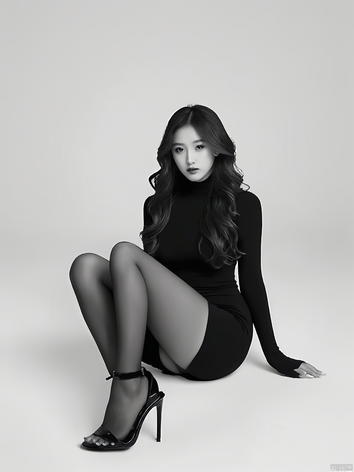 KDF, A black and white photograph of a young woman with long, wavy hair, sitting on the floor with her legs crossed. She is wearing a tight, black long-sleeve dress and sheer black stockings. Her shoes are black high heels with ankle straps. She has a serious expression and is looking directly at the camera. The background is plain white, and the lighting is soft, creating gentle shadows. The style is elegant and minimalist.

