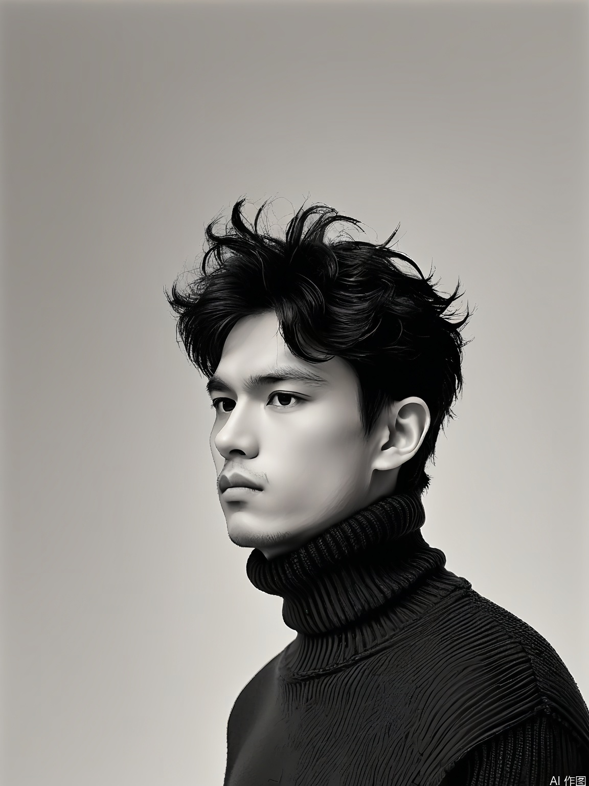KDF, A black and white photograph of a young man with short, tousled hair, wearing a high-collared turtleneck sweater. He has a serious expression and is looking to the right. The background is plain and uncluttered, allowing the subject to stand out. The lighting is soft and even, highlighting the contours of his face. The style is minimalist and elegant, with a focus on the subject's profile and expression. The overall mood is contemplative and introspective.
