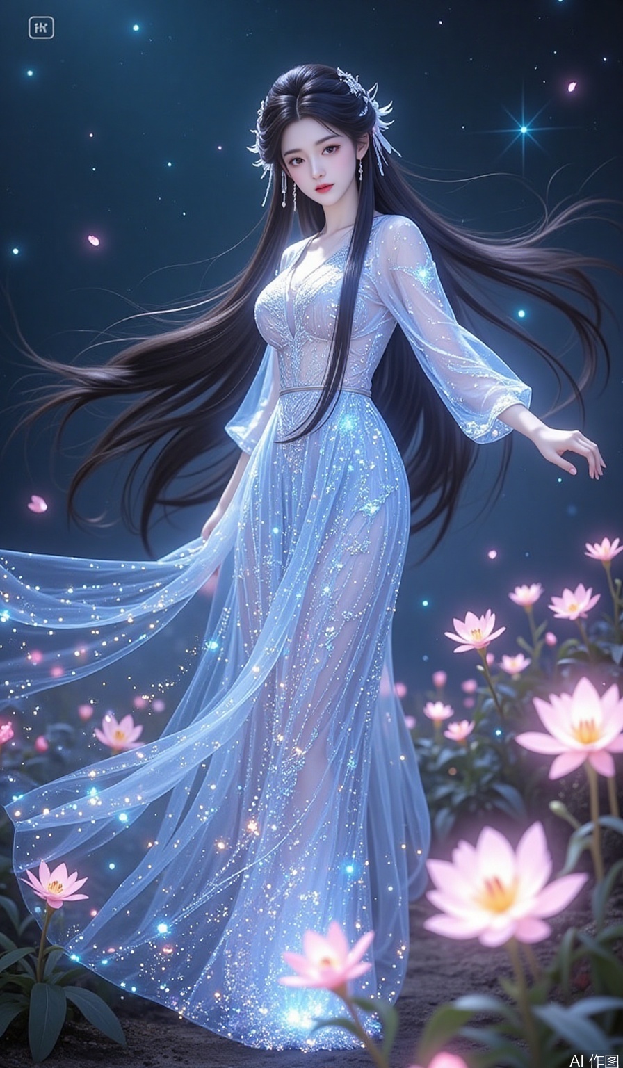 In an infinite, enchanted flower field that seems to stretch beyond the very fabric of space and time, every flower glows with a unique, prismatic radiance, exuding a soft, otherworldly luminescence. Amidst this fantastical panorama, a Chinese beauty shines like a celestial being. Her long, jet - black hair tumbles down her back in a cascading waterfall, with wisps of hair dancing around her delicate face, adding a touch of natural allure.
She is draped in a floor - length crystal dress that is a veritable marvel of craftsmanship. The dress is entirely encrusted with countless, minuscule crystals, each one a perfect, multifaceted gem. These crystals are not merely reflective; they seem to be living conduits of light. They capture the ethereal glow from the floating, luminous spheres that dot the celestial canopy above the flower field, and then refract and scatter it in a million different directions. Each crystal pulsates with an inner fire, a vibrant, ever - changing glow that seems to be in harmony with the rhythm of the universe. Arranged in a pattern that mimics the most intricate constellations in the cosmos, as she moves, they create a display of twinkling lights so dazzling that it rivals the brilliance of a supernovae. It's as if the very essence of the stars has been woven into the fabric of her dress, adorning her with a celestial splendor.
Fairy - like sprites with iridescent, gossamer - thin wings flit and flutter among the blossoms, their laughter tinkling like the purest of crystal chimes. As a gentle, magical zephyr sweeps through the flower field, carrying the heady, intoxicating fragrance of the blossoms, she begins to dance. Her body sways gracefully from side to side, her arms moving in fluid, sweeping arcs, as if she is the conductor of a symphony of nature's most enchanting elements. She spins with a grace that defies gravity, her long skirt billowing out like a cloud of stardust. The crystals on the dress create a mesmerizing, multi - colored halo around her, a corona of light so intense that it seems to distort the very air around her. As she twirls, she reaches out one hand to caress the flowers, and the blossoms respond in kind, their petals undulating in time with her dance. Tiny, bioluminescent insects emerge from the heart of the flowers, fluttering around her like a swarm of living diamonds, adding an extra layer of magical allure to the already - enchanted scene. Her eyes, as bright and vast as the star - filled expanse of the universe, are alight with joy and a profound sense of wonder at the beauty of this magical realm.