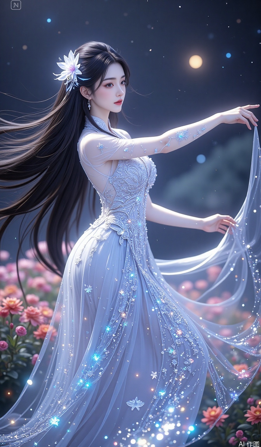 In an infinite, enchanted flower field that seems to stretch beyond the very fabric of space and time, every flower glows with a unique, prismatic radiance, exuding a soft, otherworldly luminescence. Amidst this fantastical panorama, a Chinese beauty shines like a celestial being. Her long, jet - black hair tumbles down her back in a cascading waterfall, with wisps of hair dancing around her delicate face, adding a touch of natural allure.
She is draped in a floor - length crystal dress that is a veritable marvel of craftsmanship. The dress is entirely encrusted with countless, minuscule crystals, each one a perfect, multifaceted gem. These crystals are not merely reflective; they seem to be living conduits of light. They capture the ethereal glow from the floating, luminous spheres that dot the celestial canopy above the flower field, and then refract and scatter it in a million different directions. Each crystal pulsates with an inner fire, a vibrant, ever - changing glow that seems to be in harmony with the rhythm of the universe. Arranged in a pattern that mimics the most intricate constellations in the cosmos, as she moves, they create a display of twinkling lights so dazzling that it rivals the brilliance of a supernovae. It's as if the very essence of the stars has been woven into the fabric of her dress, adorning her with a celestial splendor.
Fairy - like sprites with iridescent, gossamer - thin wings flit and flutter among the blossoms, their laughter tinkling like the purest of crystal chimes. As a gentle, magical zephyr sweeps through the flower field, carrying the heady, intoxicating fragrance of the blossoms, she begins to dance. Her body sways gracefully from side to side, her arms moving in fluid, sweeping arcs, as if she is the conductor of a symphony of nature's most enchanting elements. She spins with a grace that defies gravity, her long skirt billowing out like a cloud of stardust. The crystals on the dress create a mesmerizing, multi - colored halo around her, a corona of light so intense that it seems to distort the very air around her. As she twirls, she reaches out one hand to caress the flowers, and the blossoms respond in kind, their petals undulating in time with her dance. Tiny, bioluminescent insects emerge from the heart of the flowers, fluttering around her like a swarm of living diamonds, adding an extra layer of magical allure to the already - enchanted scene. Her eyes, as bright and vast as the star - filled expanse of the universe, are alight with joy and a profound sense of wonder at the beauty of this magical realm.