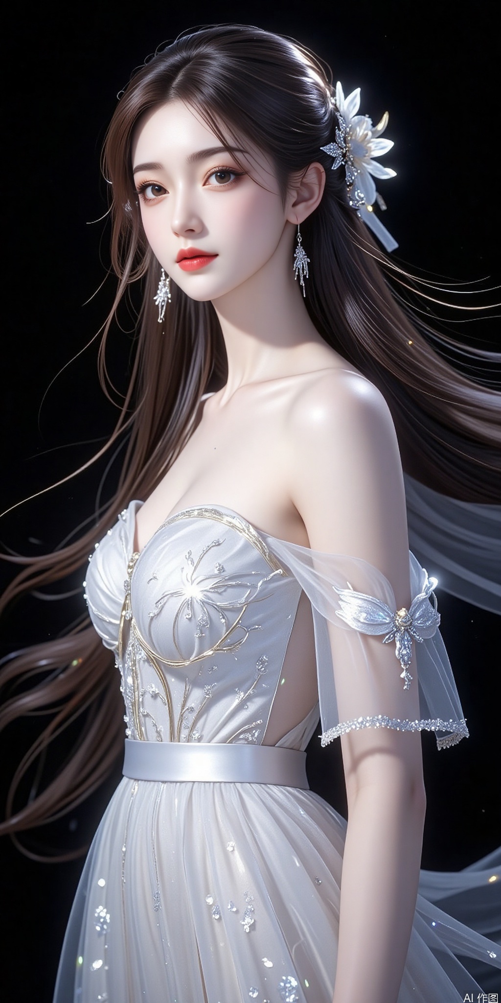 The image is a portrait of a young woman wearing a beautiful white wedding dress
The dress is strapless and has a fitted bodice with a sweetheart neckline
The skirt of the dress is covered in small silver sequins that sparkle in the light
The woman has long, flowing hair that is styled in an elegant updo with a flower crown on top
She is wearing a pair of statement earrings and her makeup is subtle and natural-looking
The background is black, making the dress stand out even more
The overall mood of the image is elegant and sophisticated.