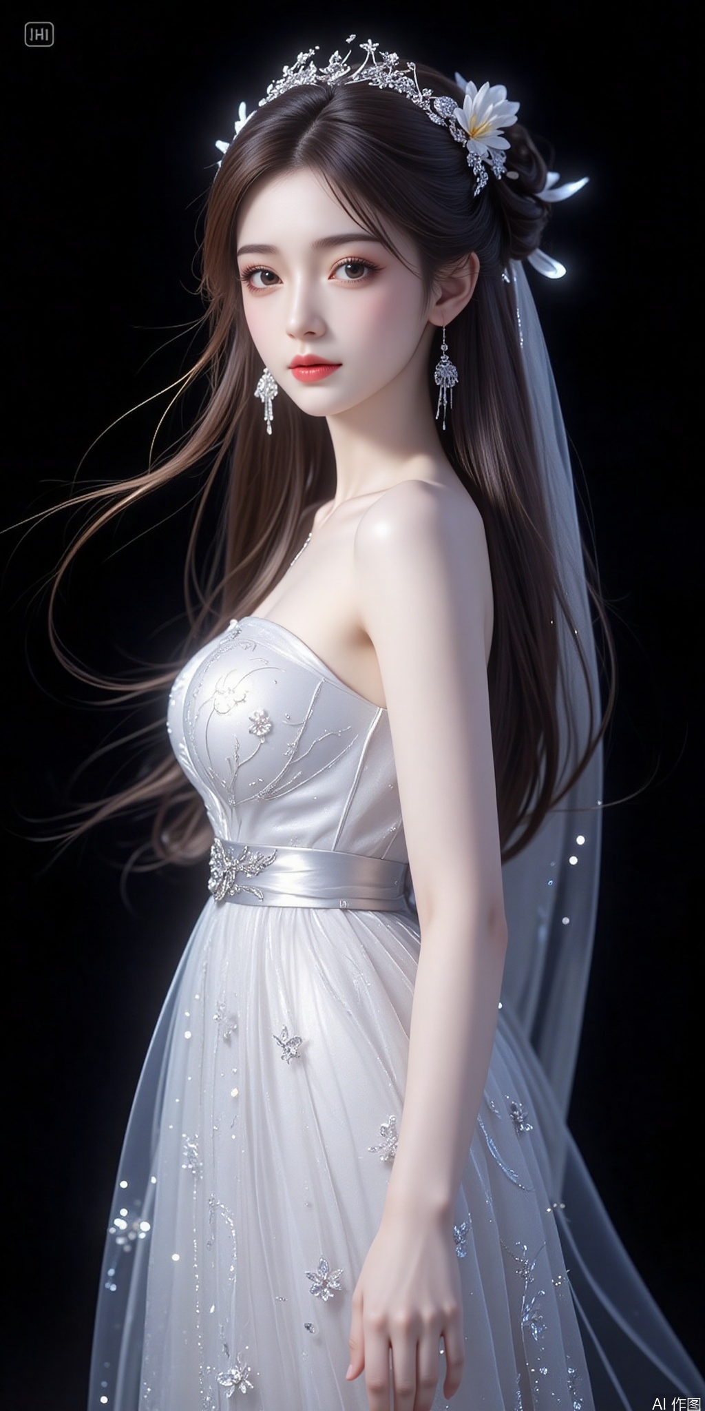 The image is a portrait of a young woman wearing a beautiful white wedding dress
The dress is strapless and has a fitted bodice with a sweetheart neckline
The skirt of the dress is covered in small silver sequins that sparkle in the light
The woman has long, flowing hair that is styled in an elegant updo with a flower crown on top
She is wearing a pair of statement earrings and her makeup is subtle and natural-looking
The background is black, making the dress stand out even more
The overall mood of the image is elegant and sophisticated.