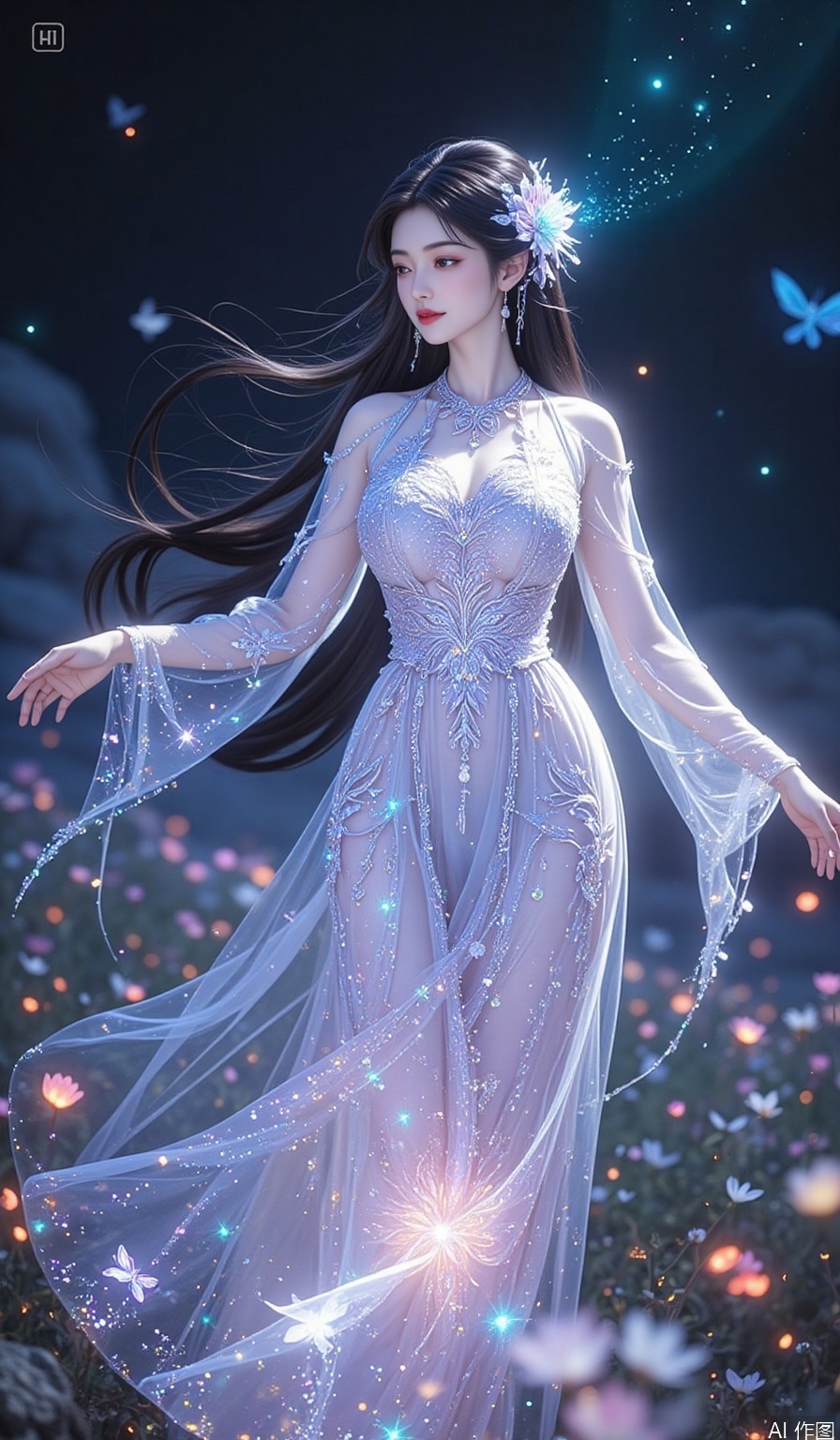 In an infinite, enchanted flower field that seems to stretch beyond the very fabric of space and time, every flower glows with a unique, prismatic radiance, exuding a soft, otherworldly luminescence. Amidst this fantastical panorama, a Chinese beauty shines like a celestial being. Her long, jet - black hair tumbles down her back in a cascading waterfall, with wisps of hair dancing around her delicate face, adding a touch of natural allure.
She is draped in a floor - length crystal dress that is a veritable marvel of craftsmanship. The dress is entirely encrusted with countless, minuscule crystals, each one a perfect, multifaceted gem. These crystals are not merely reflective; they seem to be living conduits of light. They capture the ethereal glow from the floating, luminous spheres that dot the celestial canopy above the flower field, and then refract and scatter it in a million different directions. Each crystal pulsates with an inner fire, a vibrant, ever - changing glow that seems to be in harmony with the rhythm of the universe. Arranged in a pattern that mimics the most intricate constellations in the cosmos, as she moves, they create a display of twinkling lights so dazzling that it rivals the brilliance of a supernovae. It's as if the very essence of the stars has been woven into the fabric of her dress, adorning her with a celestial splendor.
Fairy - like sprites with iridescent, gossamer - thin wings flit and flutter among the blossoms, their laughter tinkling like the purest of crystal chimes. As a gentle, magical zephyr sweeps through the flower field, carrying the heady, intoxicating fragrance of the blossoms, she begins to dance. Her body sways gracefully from side to side, her arms moving in fluid, sweeping arcs, as if she is the conductor of a symphony of nature's most enchanting elements. She spins with a grace that defies gravity, her long skirt billowing out like a cloud of stardust. The crystals on the dress create a mesmerizing, multi - colored halo around her, a corona of light so intense that it seems to distort the very air around her. As she twirls, she reaches out one hand to caress the flowers, and the blossoms respond in kind, their petals undulating in time with her dance. Tiny, bioluminescent insects emerge from the heart of the flowers, fluttering around her like a swarm of living diamonds, adding an extra layer of magical allure to the already - enchanted scene. Her eyes, as bright and vast as the star - filled expanse of the universe, are alight with joy and a profound sense of wonder at the beauty of this magical realm.