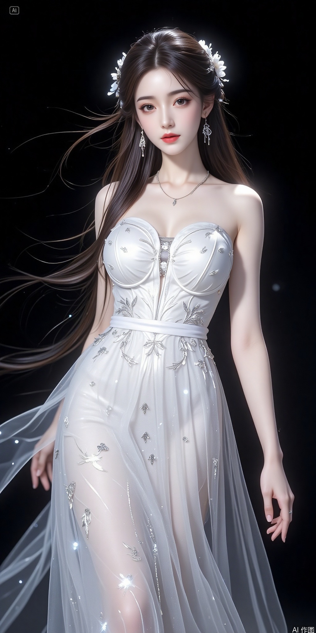 The image is a portrait of a young woman wearing a beautiful white wedding dress
The dress is strapless and has a fitted bodice with a sweetheart neckline
The skirt of the dress is covered in small silver sequins that sparkle in the light
The woman has long, flowing hair that is styled in an elegant updo with a flower crown on top
She is wearing a pair of statement earrings and her makeup is subtle and natural-looking
The background is black, making the dress stand out even more
The overall mood of the image is elegant and sophisticated.