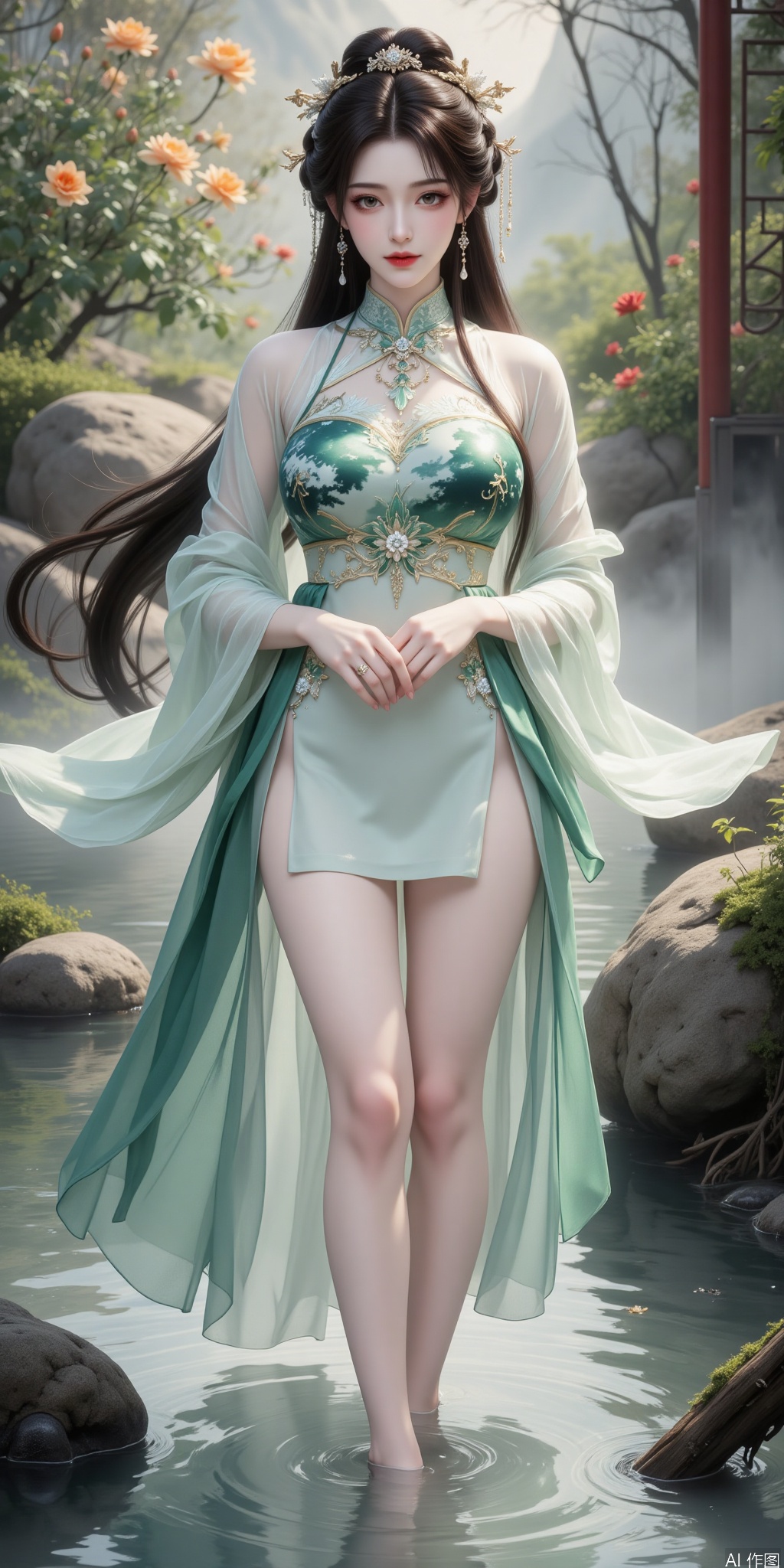 In a watercolor-ink garden, a lady in emerald-green classical Hanfu is沐浴, showcasing her long, straight legs. Her Hanfu is designed in a watercolor-ink style, with her flowing skirt blending seamlessly with the surrounding garden.

Her top features emerald-green ink-wash patterns, with intricate embroidery adorning the cuffs and neckline, adding an ancient charm. Her skirt is a light ink gradient, fluttering gently as the water ripples, revealing her long, fair legs.

She is tall and slender, with her legs long and straight, her skin smooth and flawless, her lines graceful. Her posture is elegant and relaxed, with her hands gently stirring the water, her face radiating peace and serenity, as if savoring this tranquil moment.

Her hair flows like silk, swaying gently with the water, adding an ethereal quality. Her makeup is delicate, with her eyes and lips painted with subtle elegance, showcasing her beauty and grace.

The scene is filled with the essence of ink art, with the air carrying a faint scent of flowers and ink, evoking a blend of classical and modern beauty. Her figure merges with the garden, as if she were a celestial maiden of this ink world.