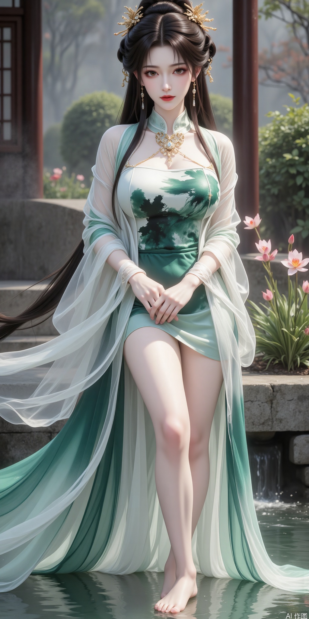 In a watercolor-ink garden, a lady in emerald-green classical Hanfu is沐浴, showcasing her long, straight legs. Her Hanfu is designed in a watercolor-ink style, with her flowing skirt blending seamlessly with the surrounding garden.

Her top features emerald-green ink-wash patterns, with intricate embroidery adorning the cuffs and neckline, adding an ancient charm. Her skirt is a light ink gradient, fluttering gently as the water ripples, revealing her long, fair legs.

She is tall and slender, with her legs long and straight, her skin smooth and flawless, her lines graceful. Her posture is elegant and relaxed, with her hands gently stirring the water, her face radiating peace and serenity, as if savoring this tranquil moment.

Her hair flows like silk, swaying gently with the water, adding an ethereal quality. Her makeup is delicate, with her eyes and lips painted with subtle elegance, showcasing her beauty and grace.

The scene is filled with the essence of ink art, with the air carrying a faint scent of flowers and ink, evoking a blend of classical and modern beauty. Her figure merges with the garden, as if she were a celestial maiden of this ink world.