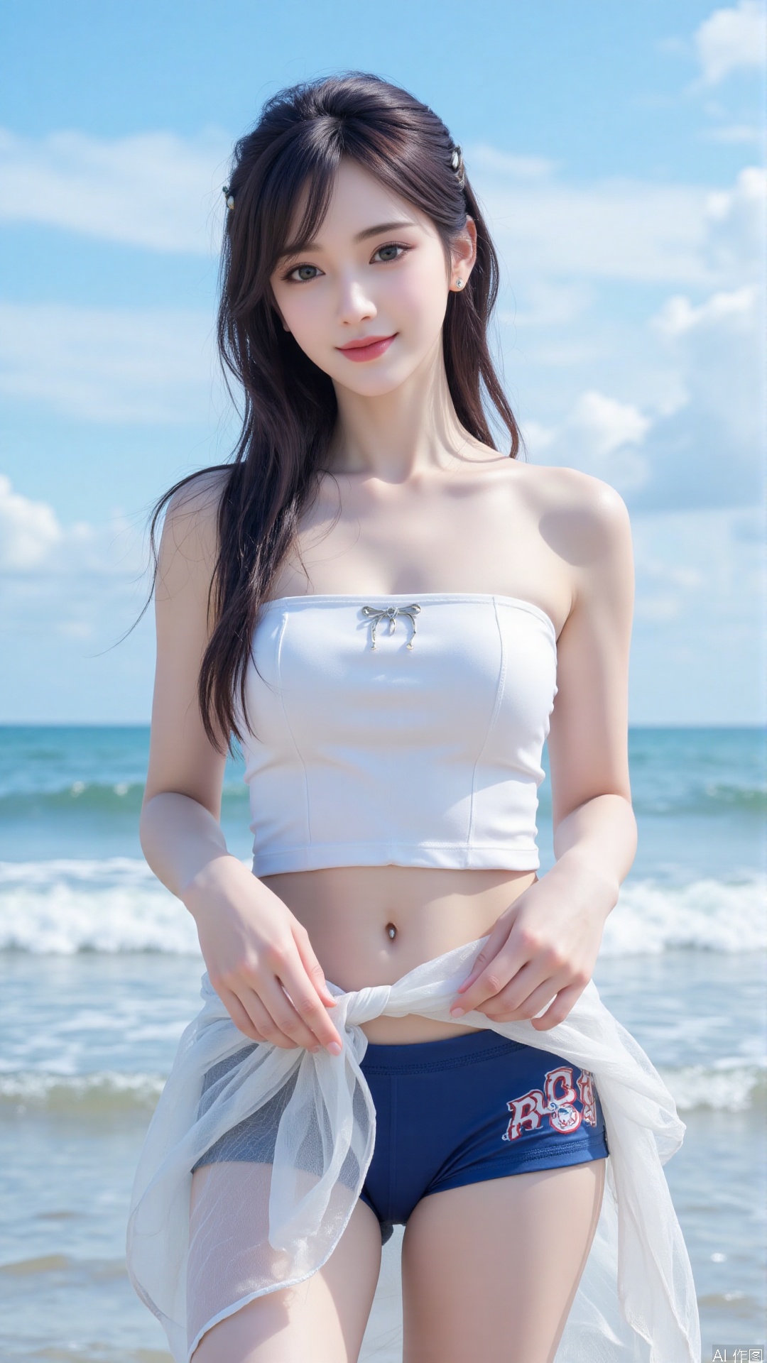 Korean girl, single, showing navel, long hair, thighs, wearing shirt, outdoors, looking at viewer, realistic style, with water and sky, daytime, fair thighs, white tube top, short top, sea, lips, blue sky, short sleeves, smile, clouds, dark eyes, big eyes Eyes, plump breasts, plump breasts, chest, looking at the audience, looking at the screen, bare shoulders, collarbone, standing in the sea, (((upper body red short-sleeved, short top)), (((wearing a translucent The white gauze skirt and blue swimming trunks with the school team logo)) were soaked in the water and were soaked.