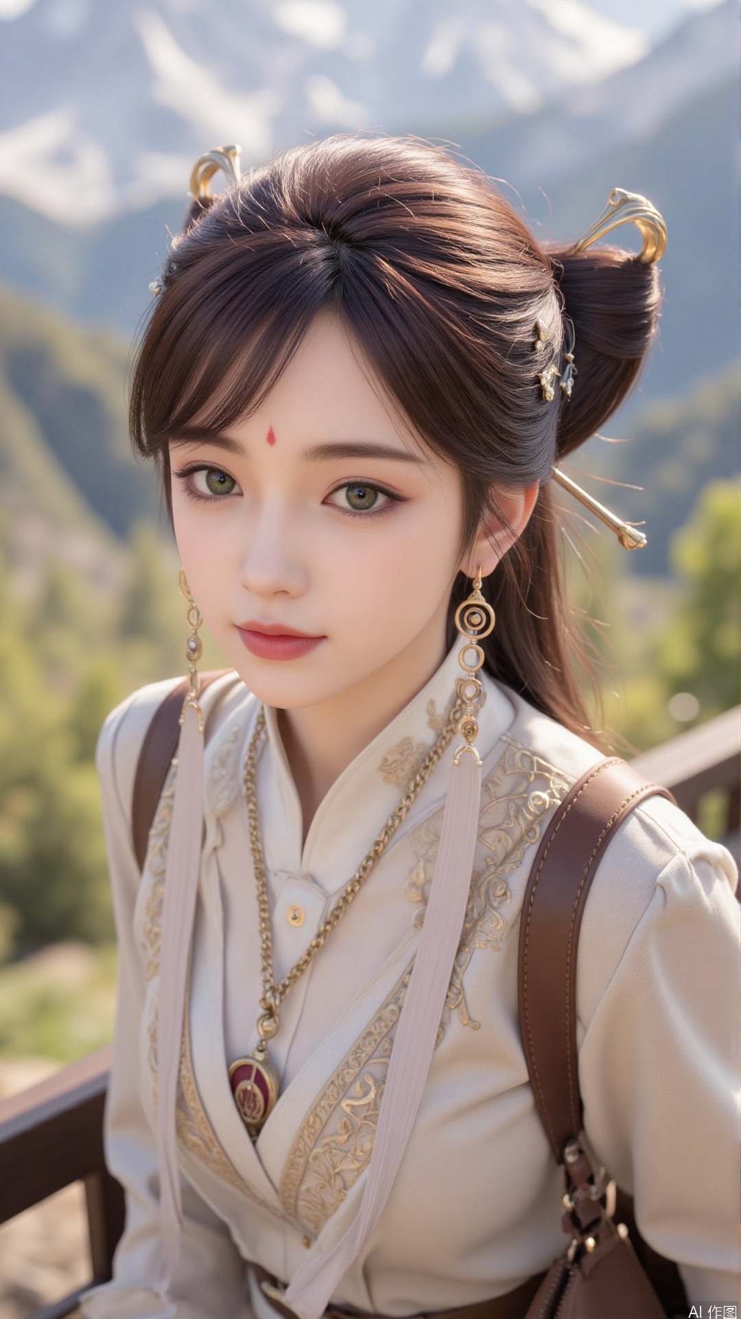 1girl, solo, realistic, looking at viewer, hair ornament, jewelry, dress, facial mark, earrings, forehead mark, lips, green eyes, mischevious smile, perfect body, scenery, sharp focus, best quality, masterpiece, detailed outfit, illustration, perfect eyes, finely detailed beautiful anime eyes, realistic skin, intricate details, best lighting, depth of field, ultra high resolution,sitting