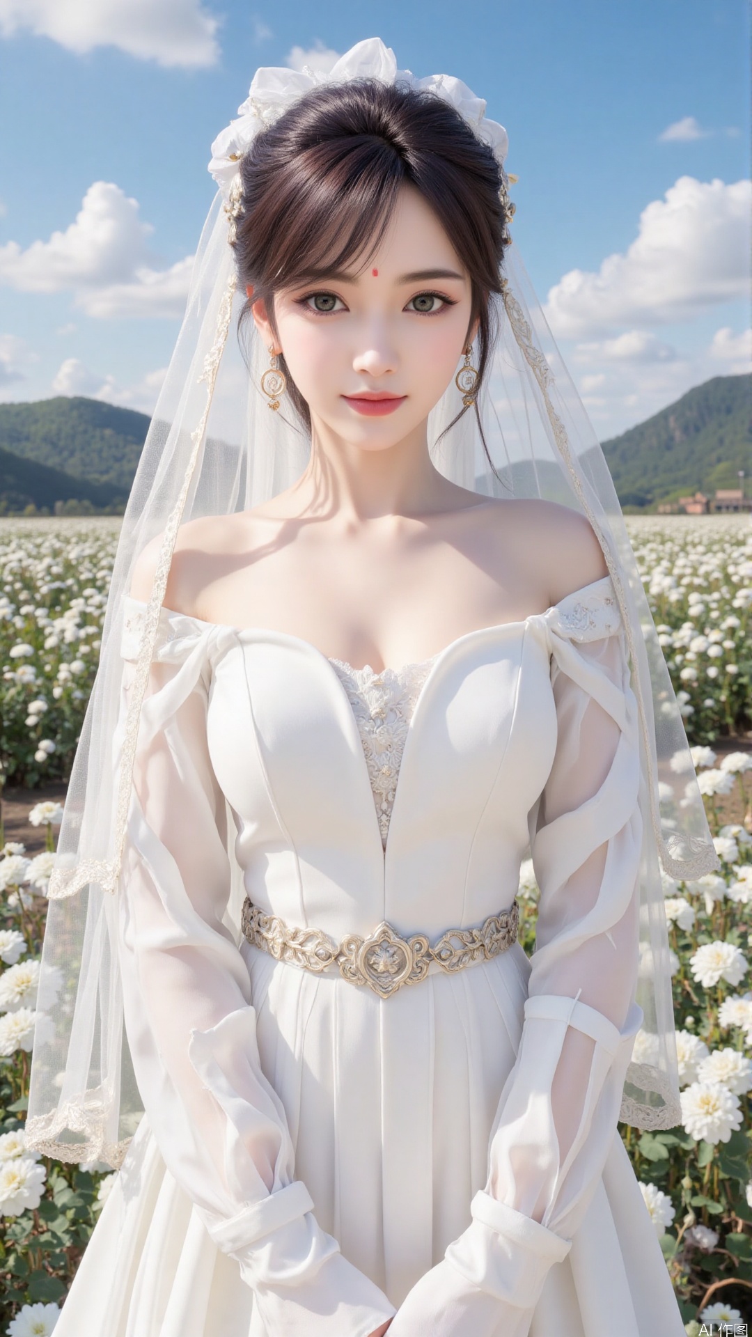 1girl, white wedding dress,looking at viewer, mischevious smile, perfect body, scenery, sharp focus, best quality, masterpiece, detailed outfit, illustration, perfect eyes, finely detailed beautiful anime eyes, realistic skin, intricate details, best lighting, depth of field, ultra high resolution, cowboy_shot, bride