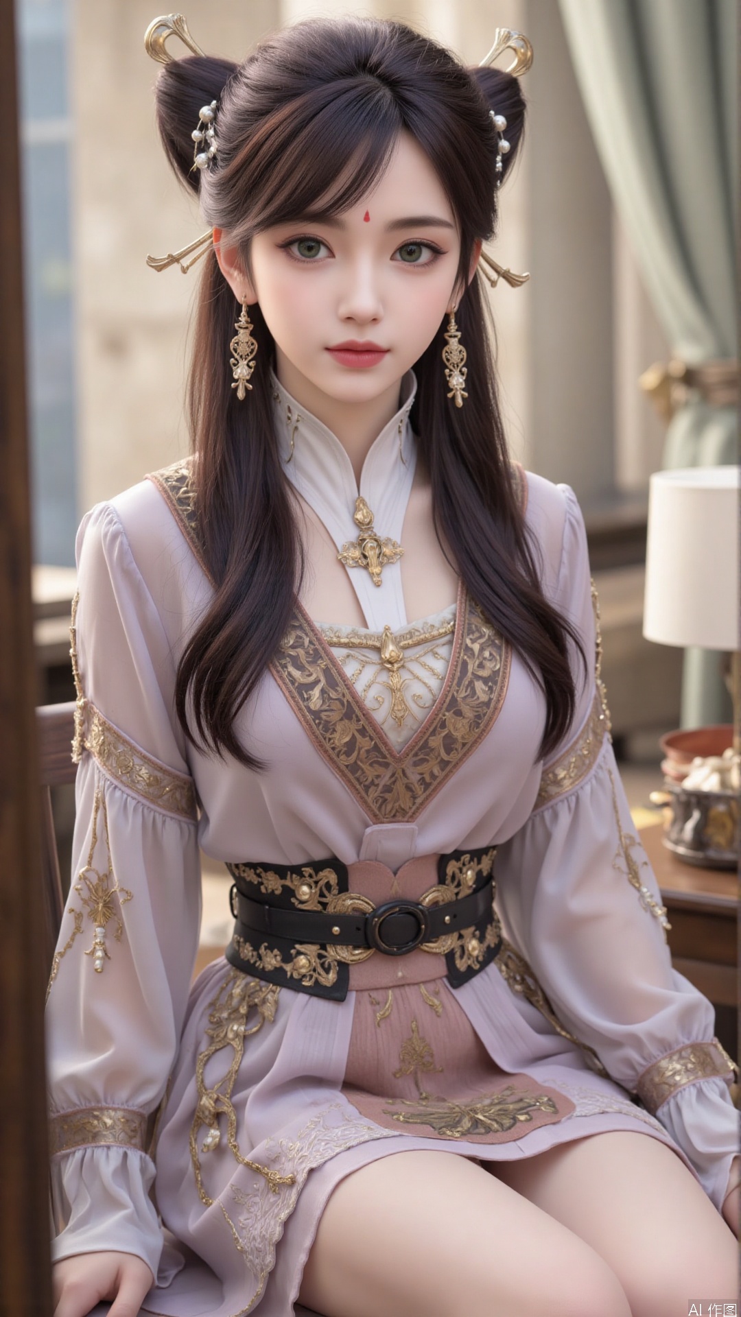 1girl, solo, realistic, looking at viewer, hair ornament, jewelry, dress, facial mark, earrings, forehead mark, lips, green eyes, mischevious smile, perfect body, scenery, sharp focus, best quality, masterpiece, detailed outfit, illustration, perfect eyes, finely detailed beautiful anime eyes, realistic skin, intricate details, best lighting, depth of field, ultra high resolution,sitting