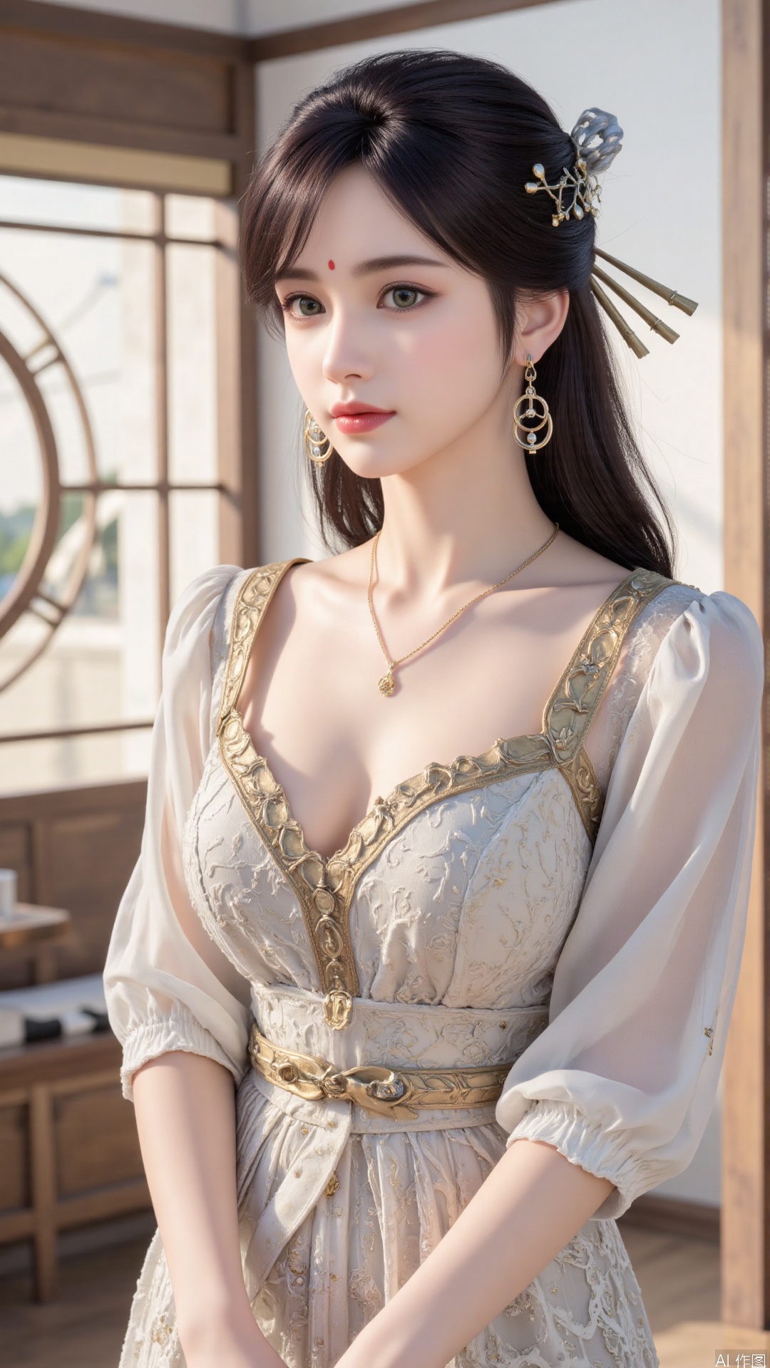 1girl, solo, realistic, looking at viewer, hair ornament, jewelry, dress, facial mark, earrings, forehead mark, lips, green eyes, mischevious smile, perfect body, scenery, sharp focus, best quality, masterpiece, detailed outfit, illustration, perfect eyes, finely detailed beautiful anime eyes, realistic skin, intricate details, best lighting, depth of field, ultra high resolution,cowboy_shot