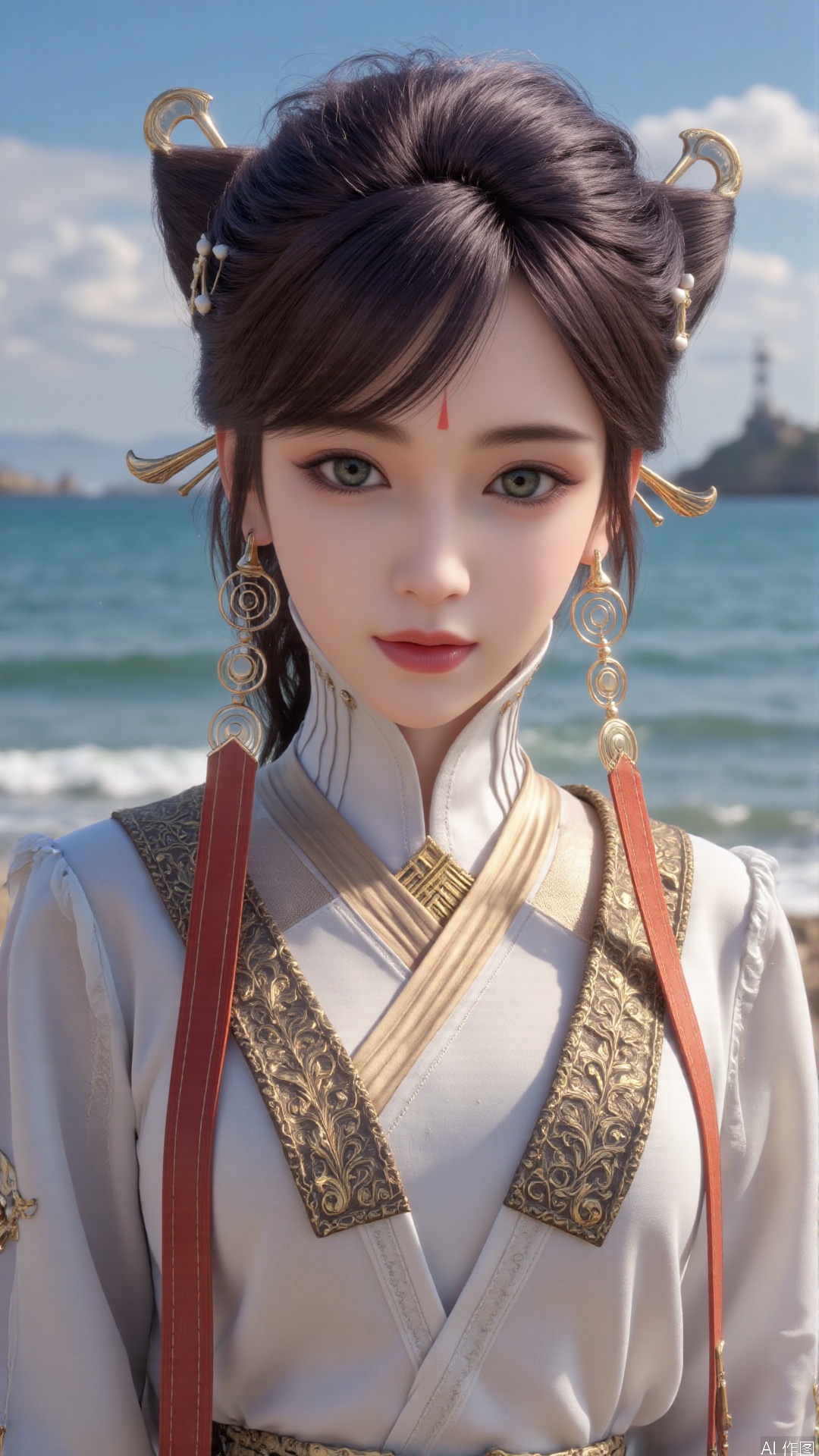 1girl, solo, realistic, looking at viewer, hair ornament, jewelry, dress, facial mark, earrings, forehead mark, lips, green eyes, mischevious smile, perfect body, scenery, sharp focus, best quality, masterpiece, detailed outfit, illustration, perfect eyes, finely detailed beautiful anime eyes, realistic skin, intricate details, best lighting, depth of field, ultra high resolution,cowboy_shot