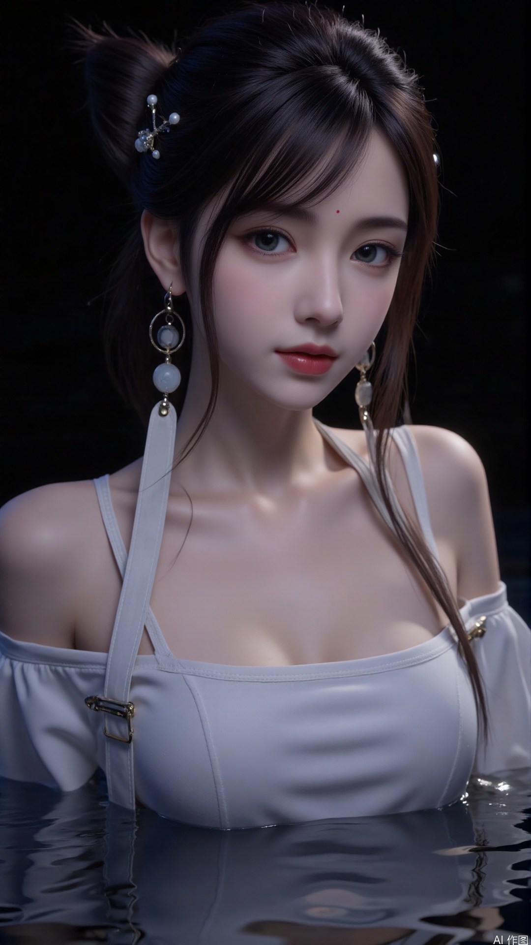1girl, solo, long hair, red lips,looking at viewer, upper body, glowing hair,hair ornament,white sling shirt,bare shoulders,in water,hair bun,ribbon,earrings,black background,light,dark background